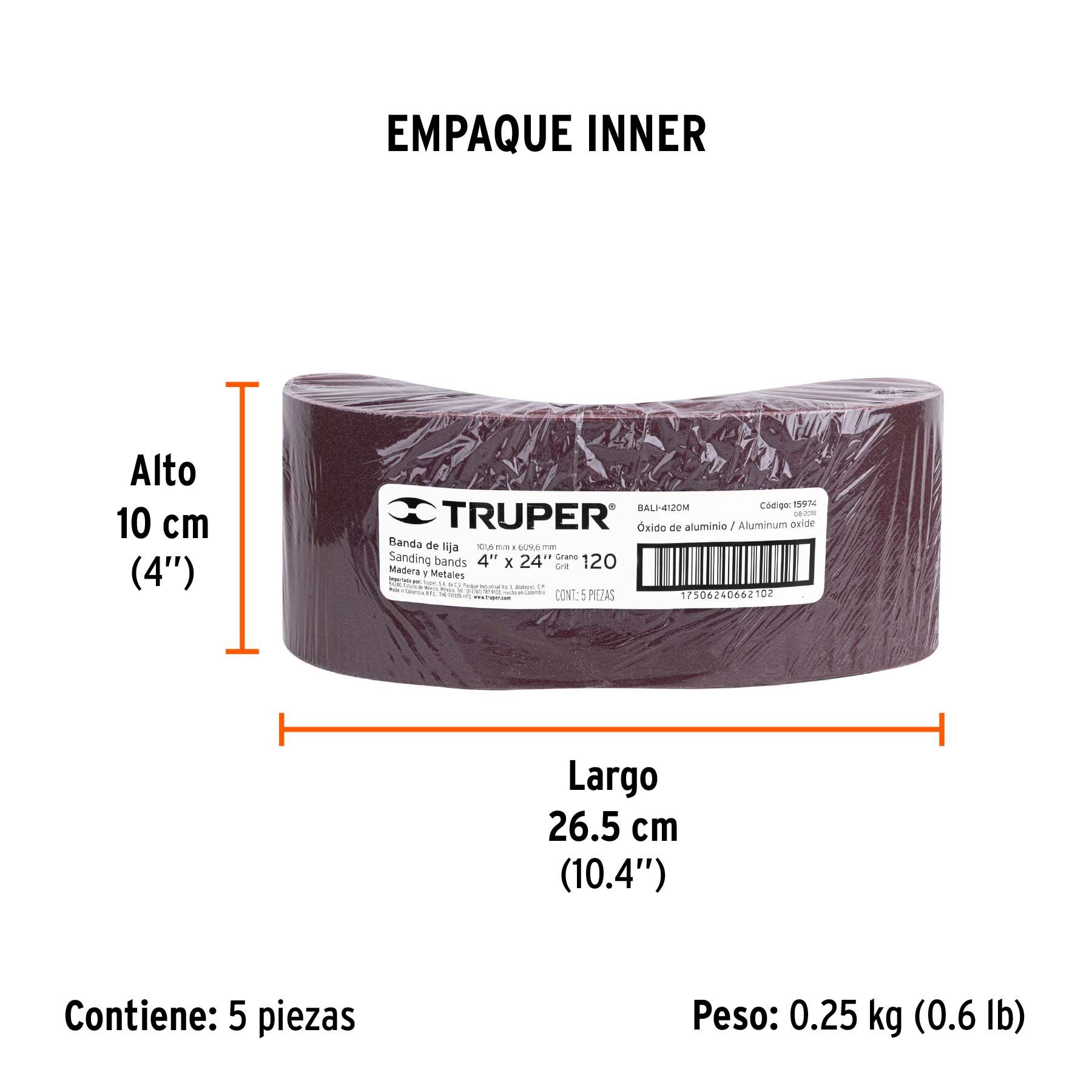 1 banda de lija 4 x 24" óxido de aluminio grano 120, 5 pzs - Empaque