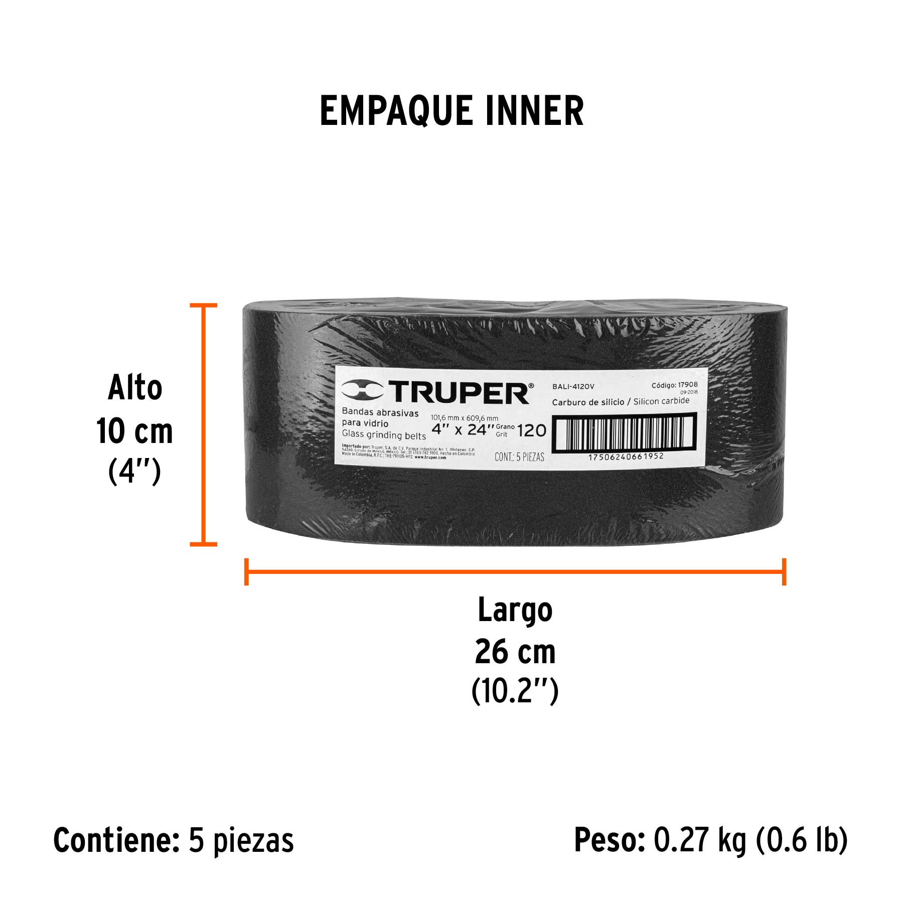 1 banda de lija 4 x 24", carburo de silicio grano 120, 5 pzs - Empaque
