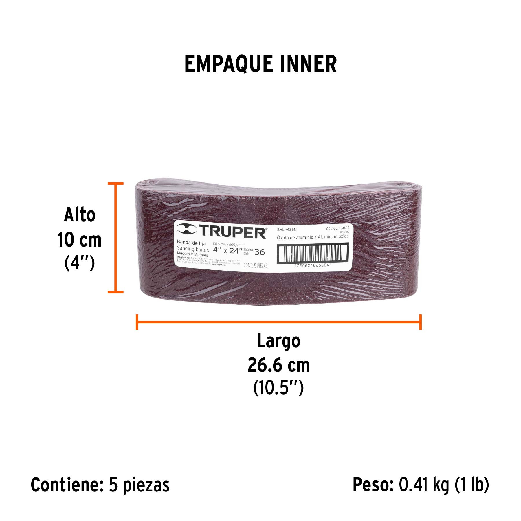 1 banda de lija 4 x 24" óxido de aluminio grano 36, 5 pzs - Empaque