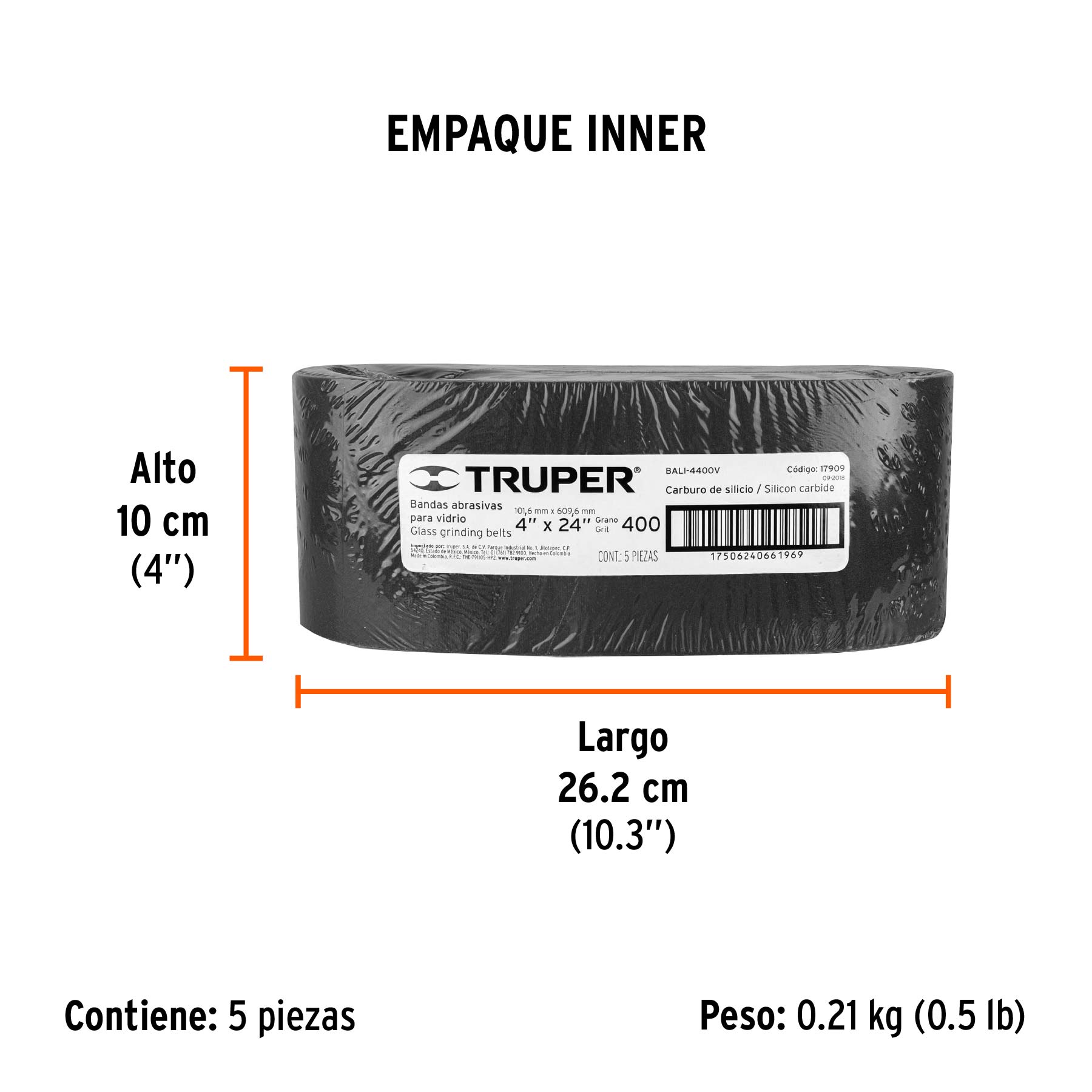 1 banda de lija 4 x 24", carburo de silicio grano 400, 5 pzs - Empaque