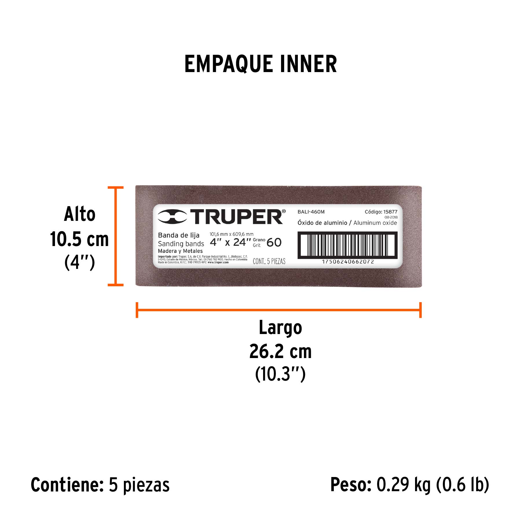 1 banda de lija 4 x 24" óxido de aluminio grano 60, 5 pzs - Empaque