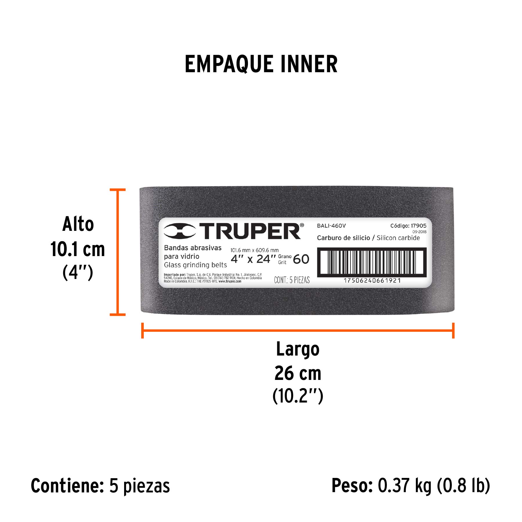 1 banda de lija 4 x 24", carburo de silicio grano 60, 5 pzs - Empaque