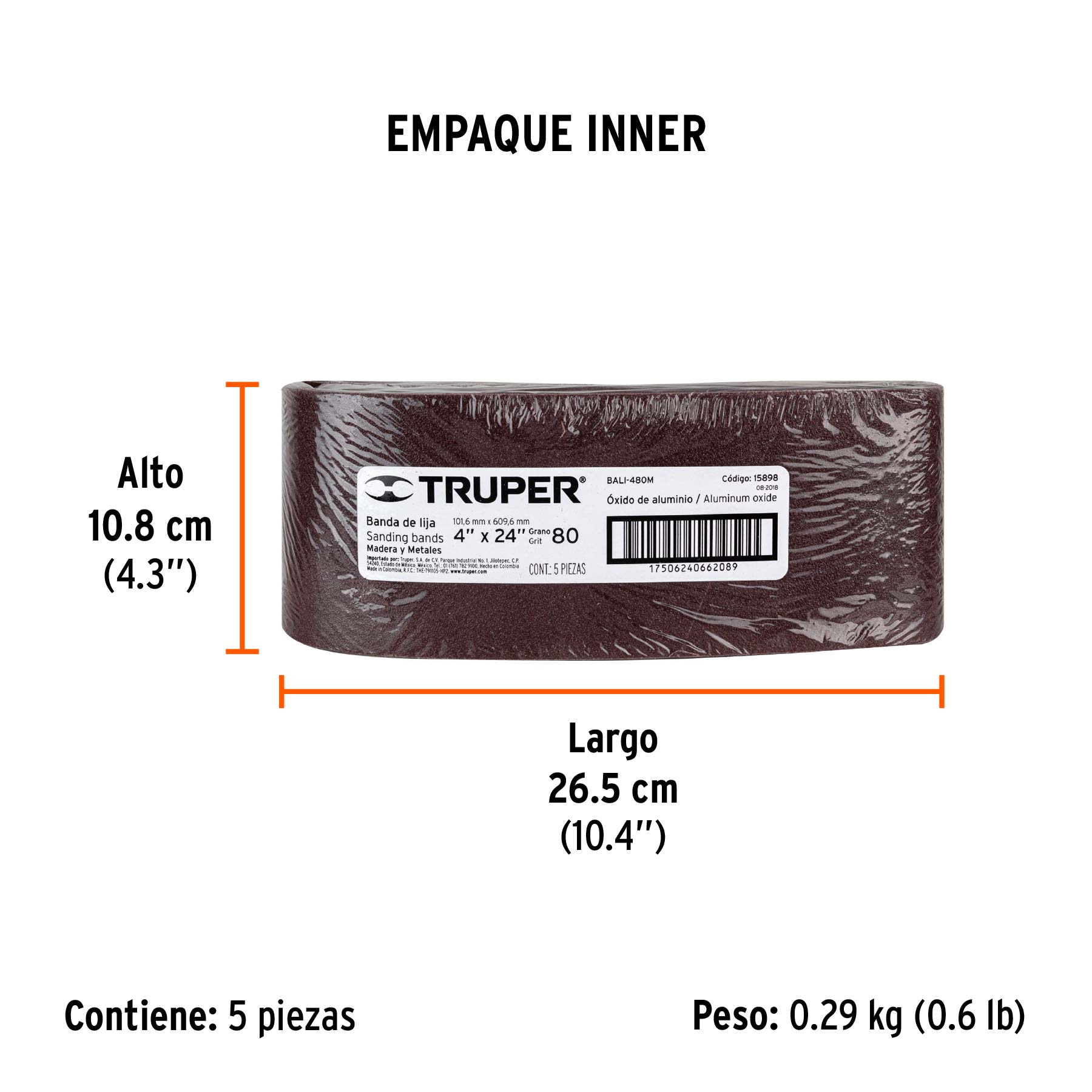 1 banda de lija 4 x 24" óxido de aluminio grano 80, 5 pzs - Empaque