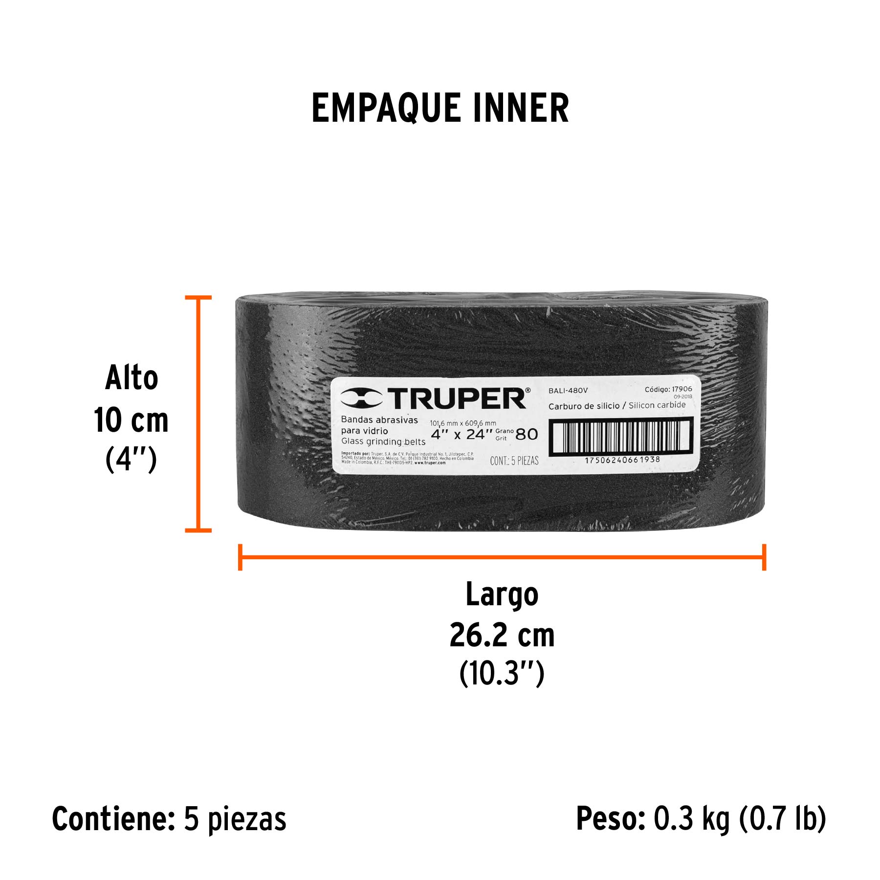 1 banda de lija 4 x 24", carburo de silicio grano 80, 5 pzs - Empaque