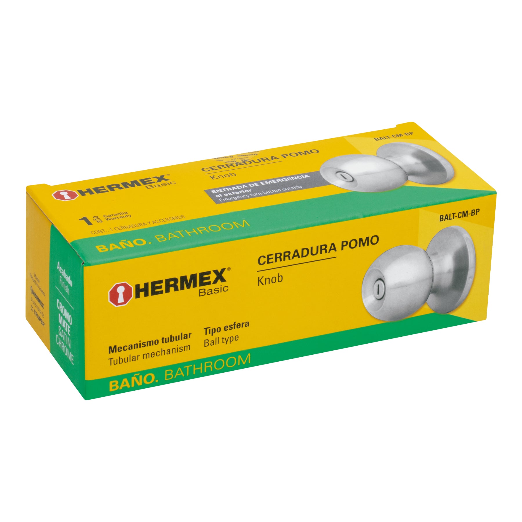 Cerradura tipo esfera, tubular, baño, cromo, HERMEX BASIC