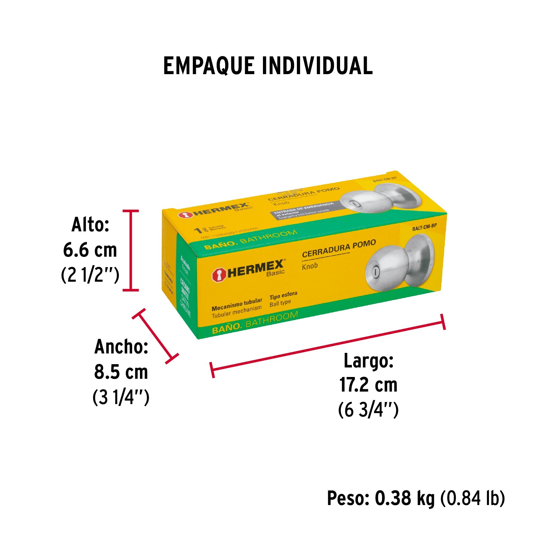 Cerradura tipo esfera, tubular, baño, cromo, HERMEX BASIC - Empaque