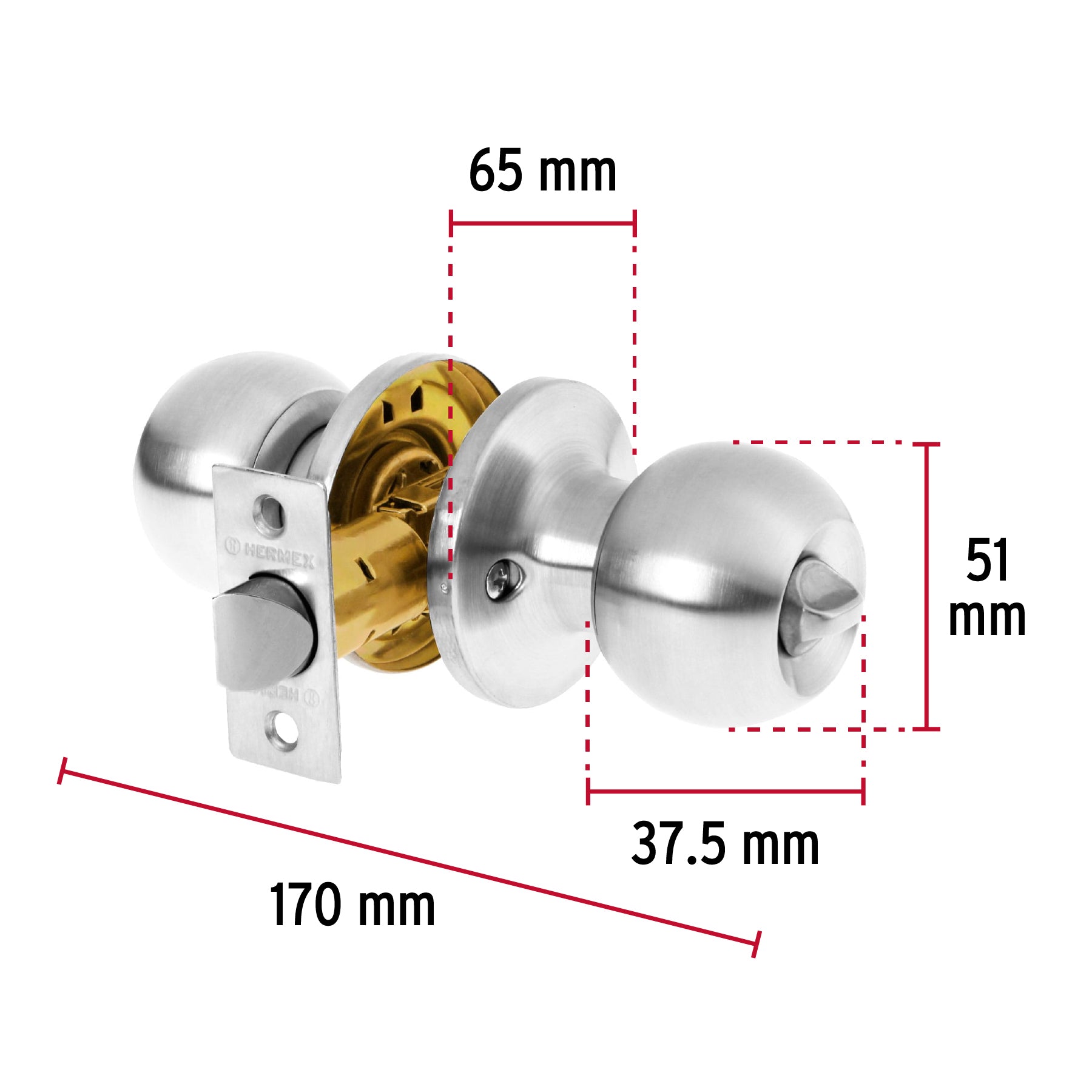 Cerradura tipo esfera, tubular, baño, cromo, HERMEX BASIC
