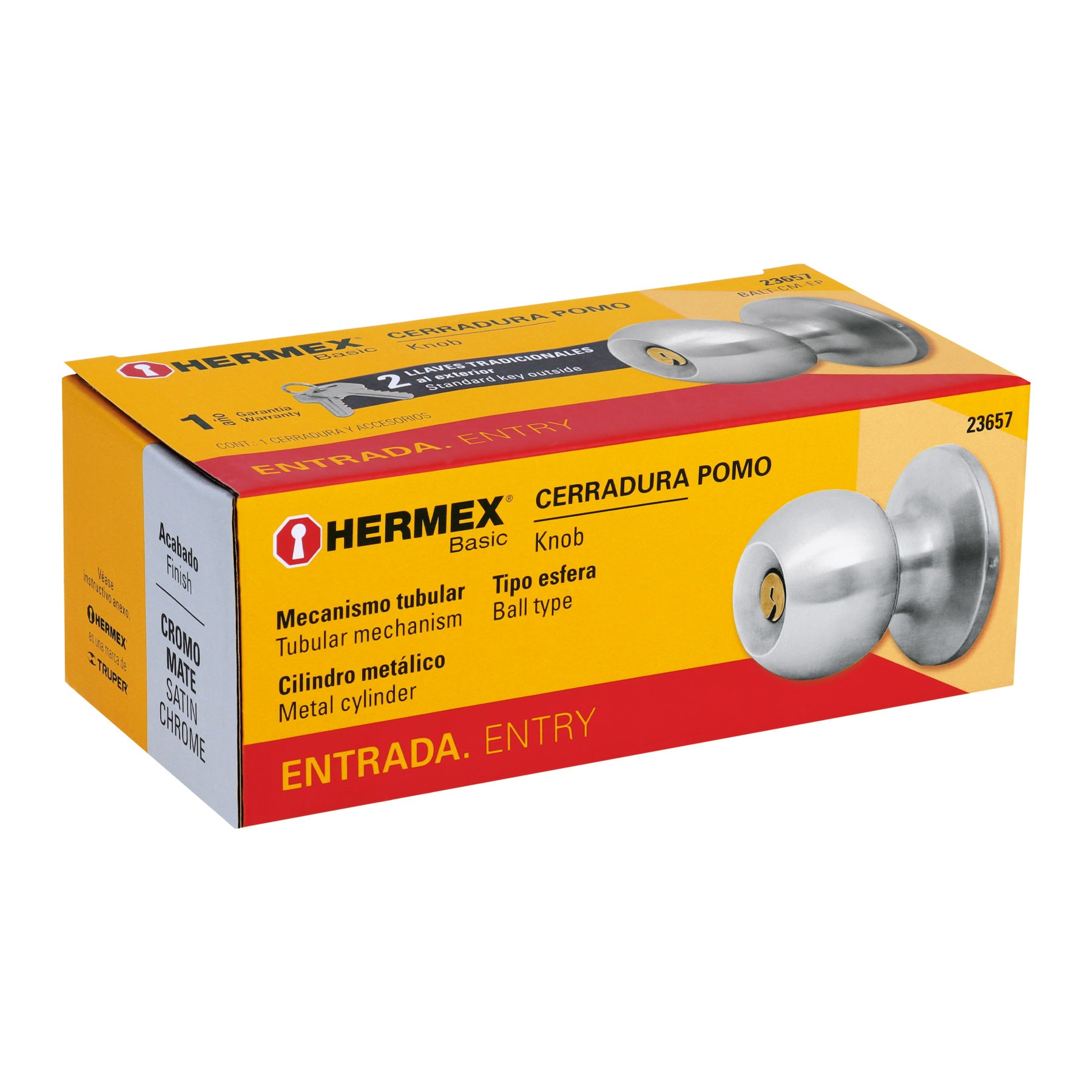 Cerradura tipo esfera, tubular, entrada, cromo, HERMEX BASIC