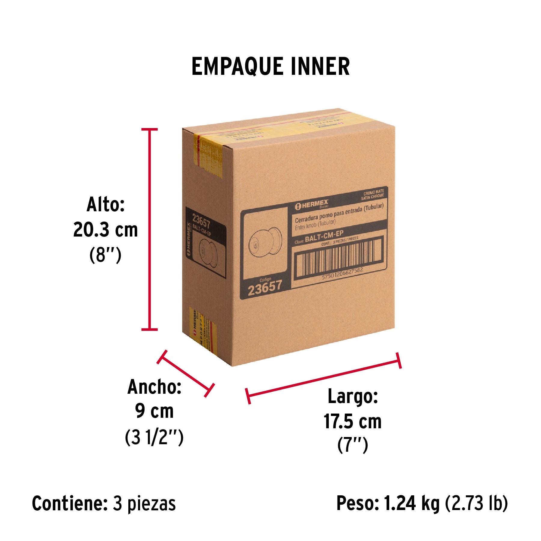 Cerradura tipo esfera, tubular, entrada, cromo, HERMEX BASIC - Empaque