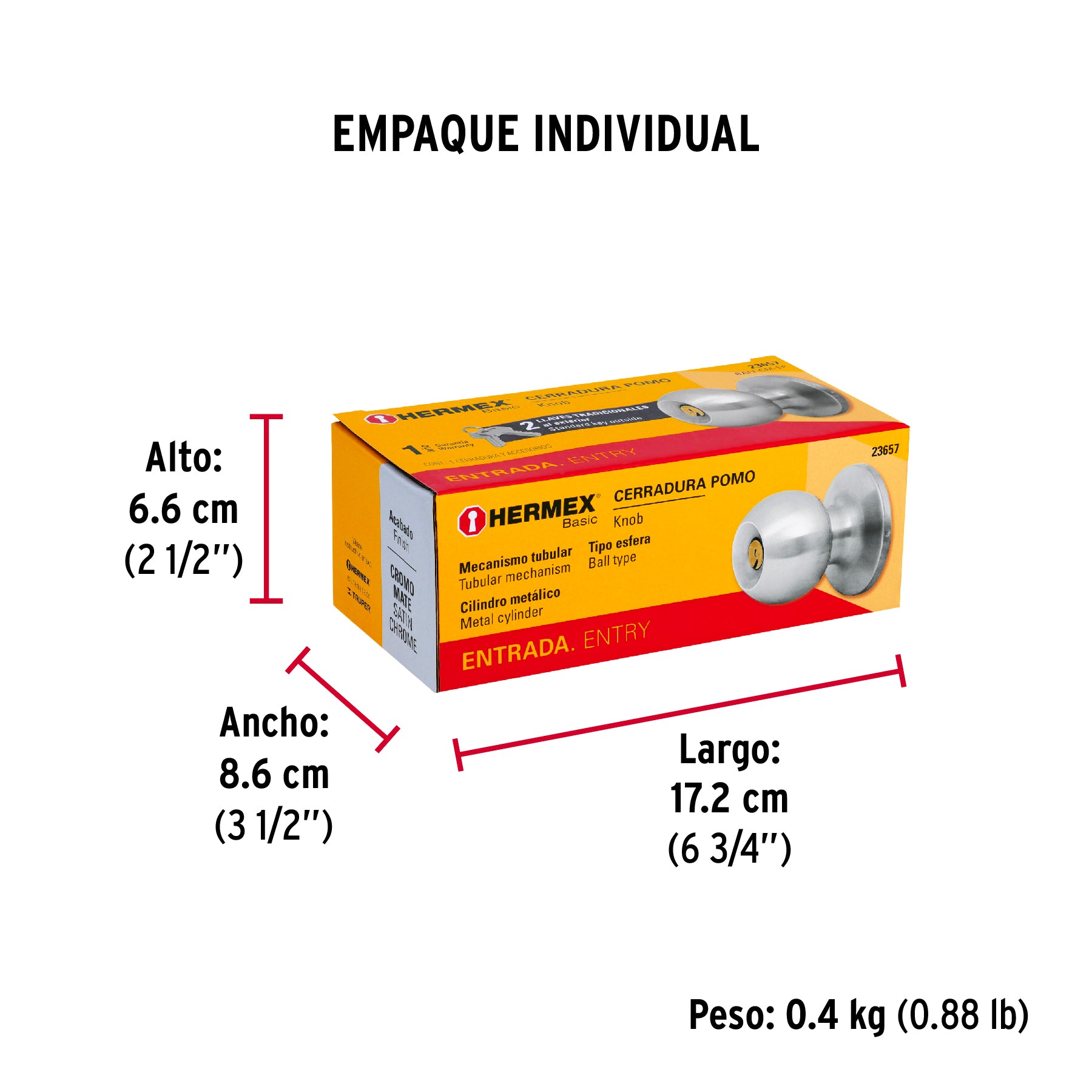 Cerradura tipo esfera, tubular, entrada, cromo, HERMEX BASIC - Empaque