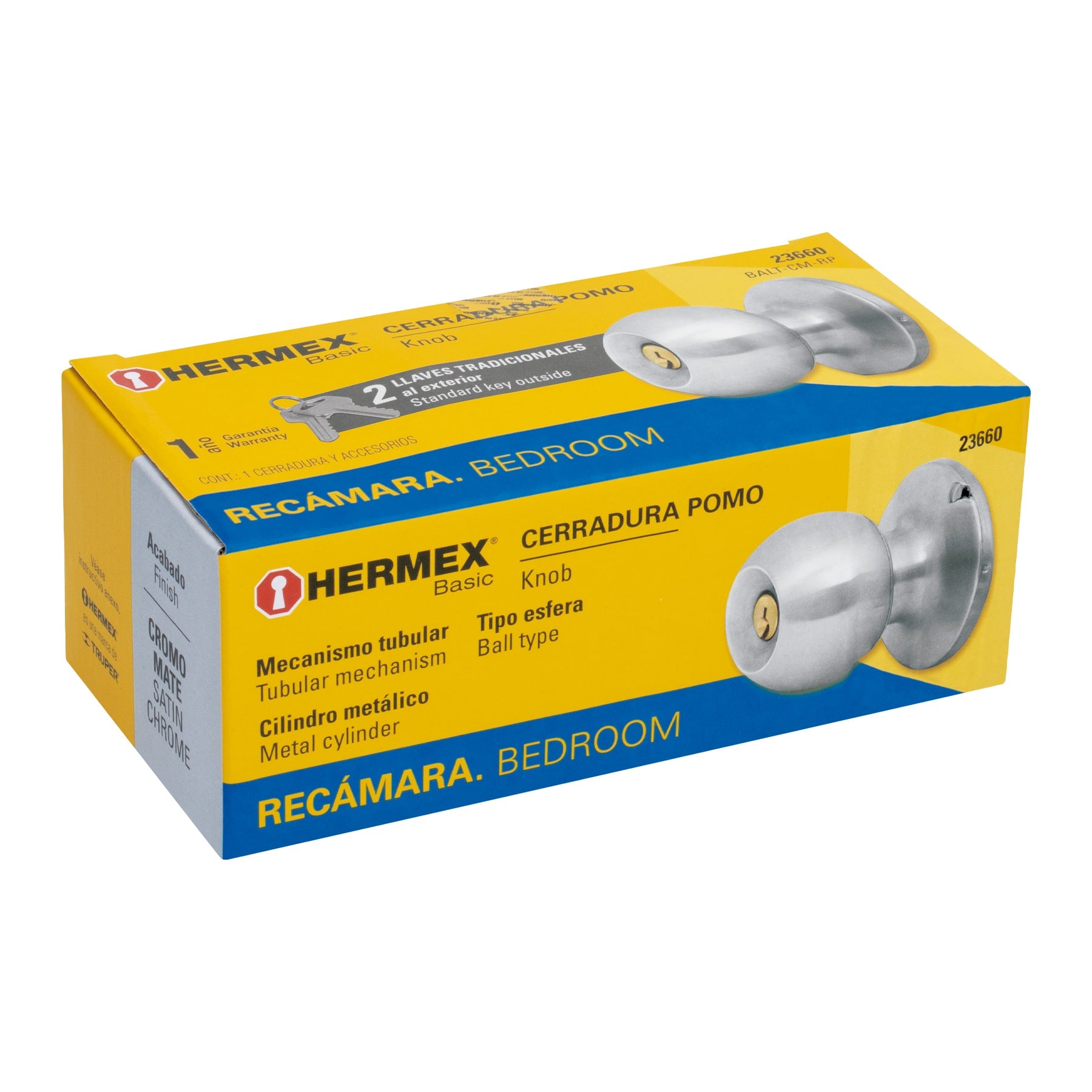 Cerradura tipo esfera, tubular, recámara, cromo, BASIC