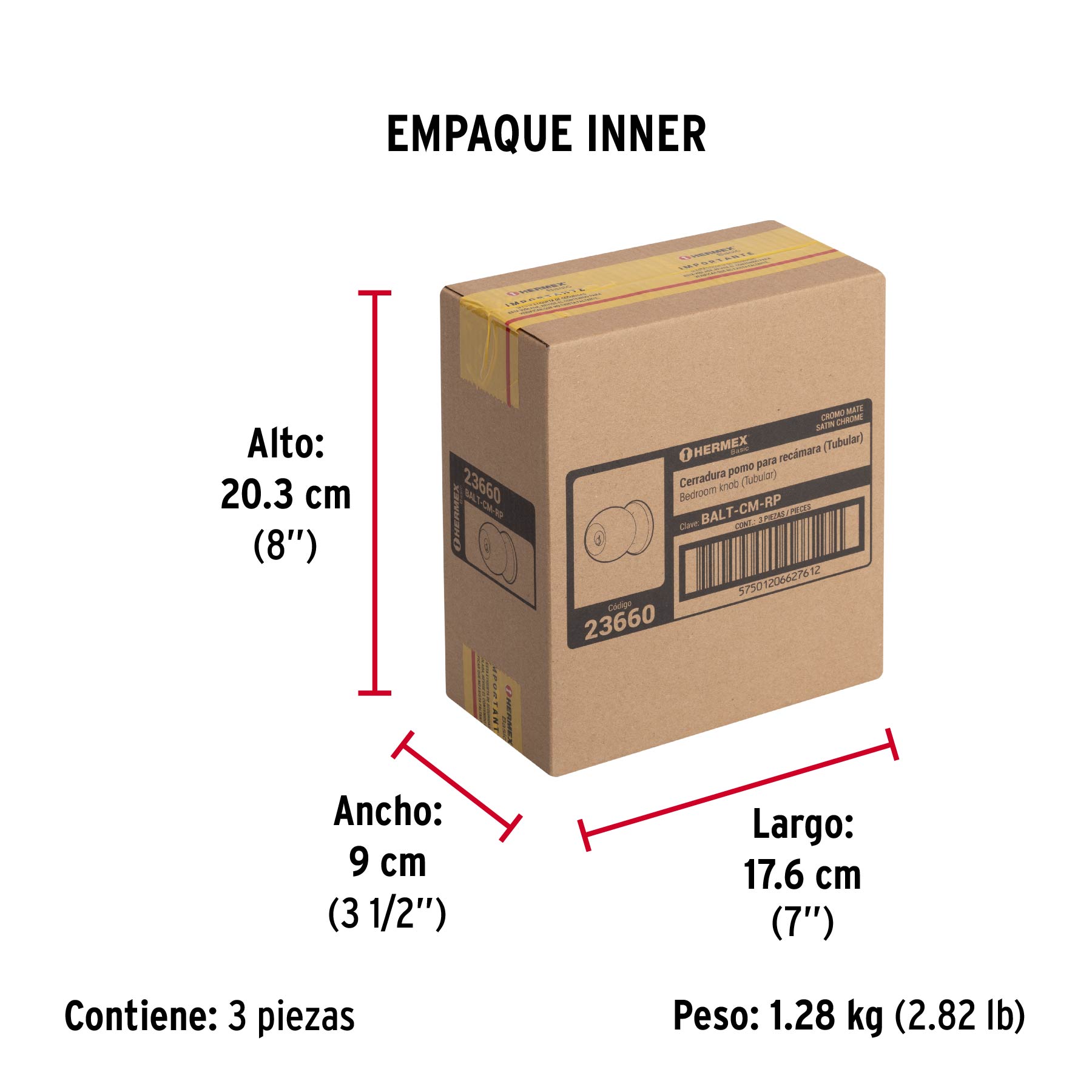 Cerradura tipo esfera, tubular, recámara, cromo, BASIC - Empaque