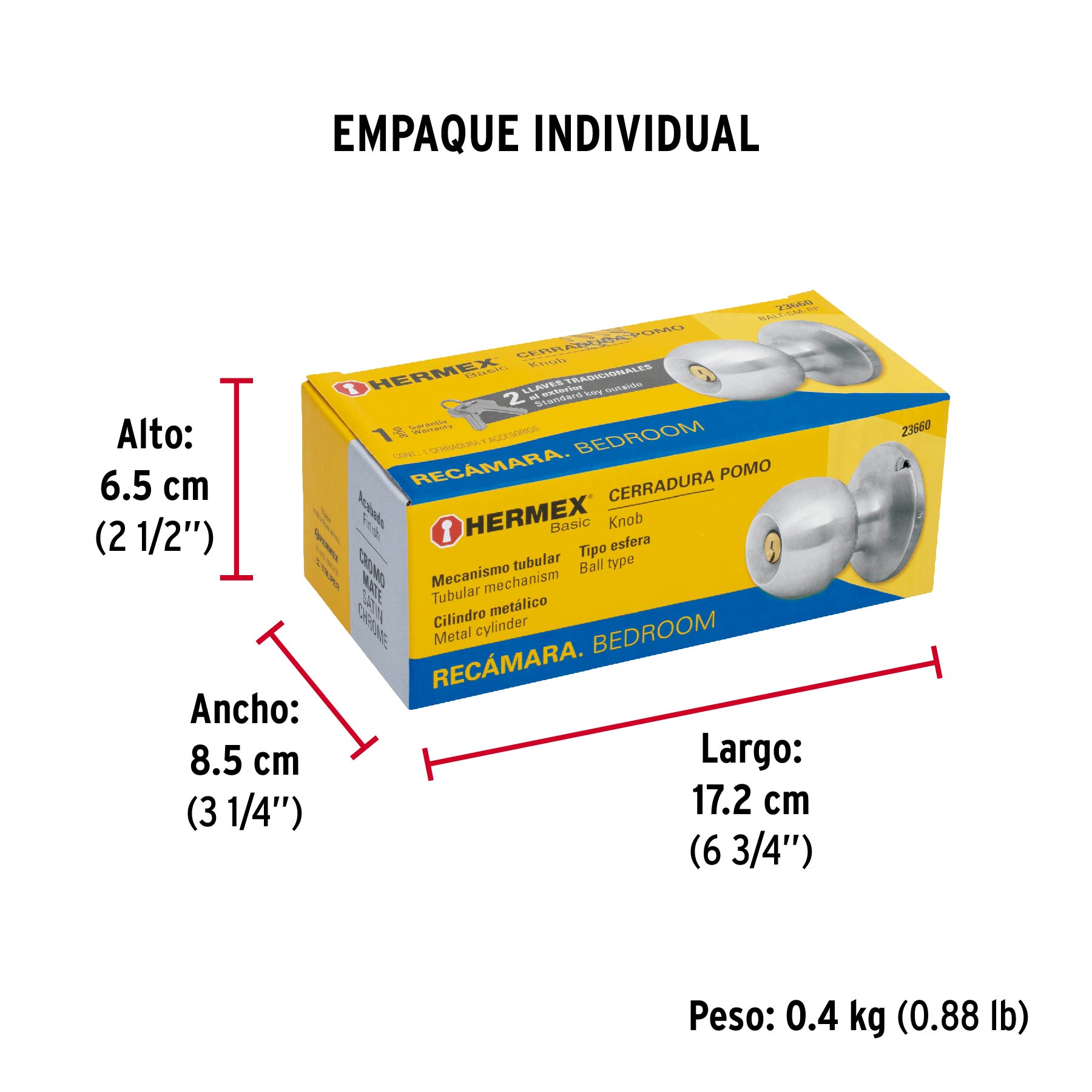 Cerradura tipo esfera, tubular, recámara, cromo, BASIC - Empaque