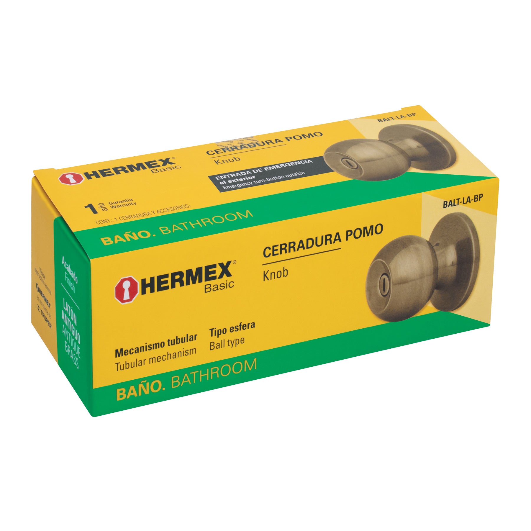 Cerradura tipo esfera, tubular, baño, antiguo, HERMEX BASIC