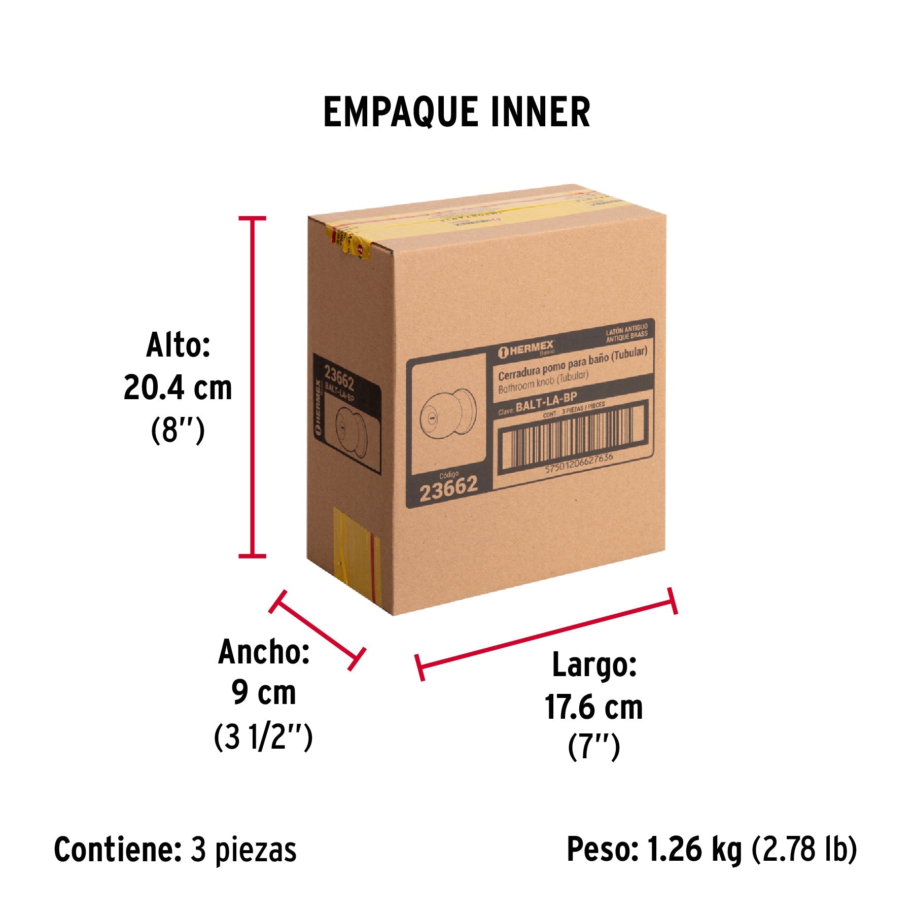 Cerradura tipo esfera, tubular, baño, antiguo, HERMEX BASIC - Empaque