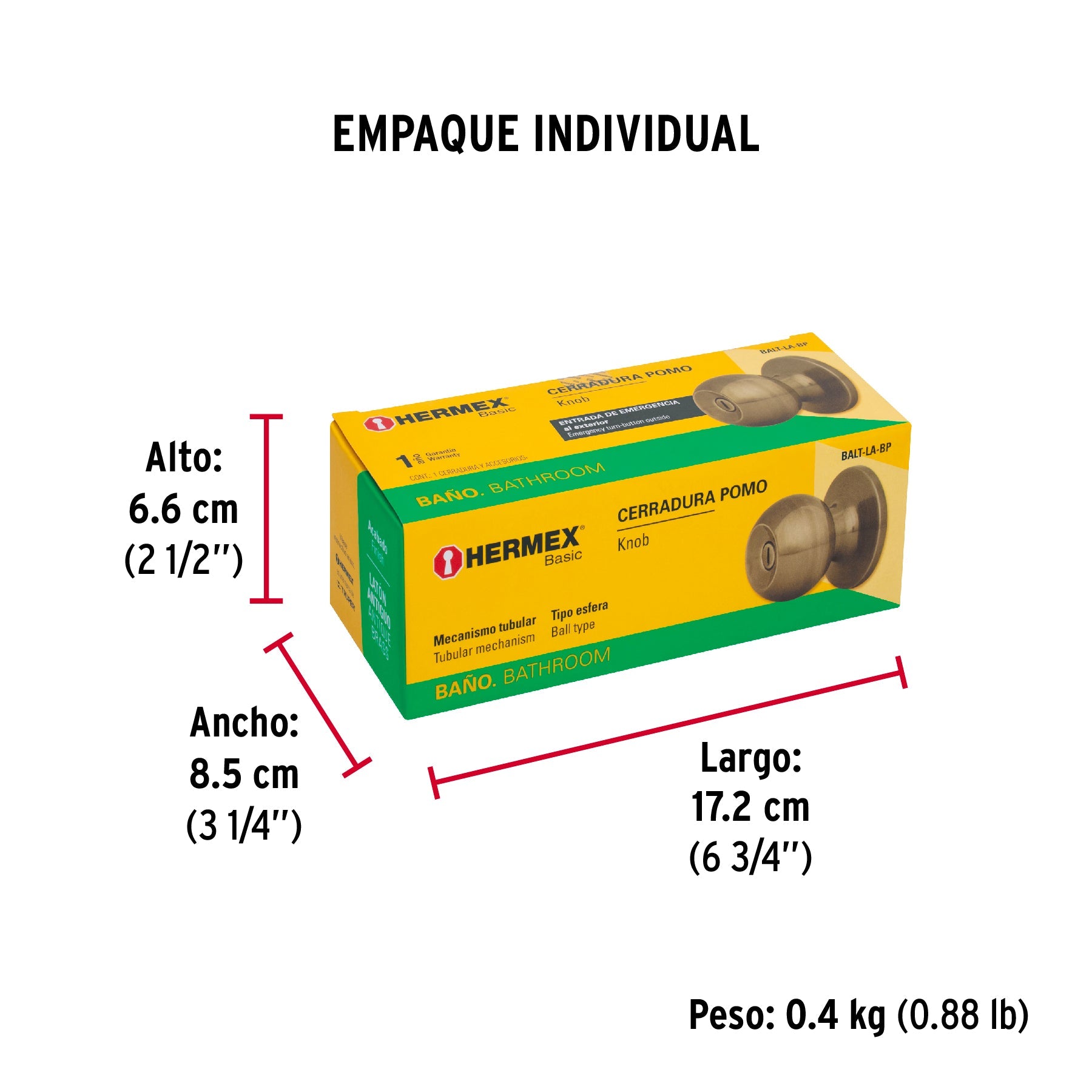 Cerradura tipo esfera, tubular, baño, antiguo, HERMEX BASIC - Empaque