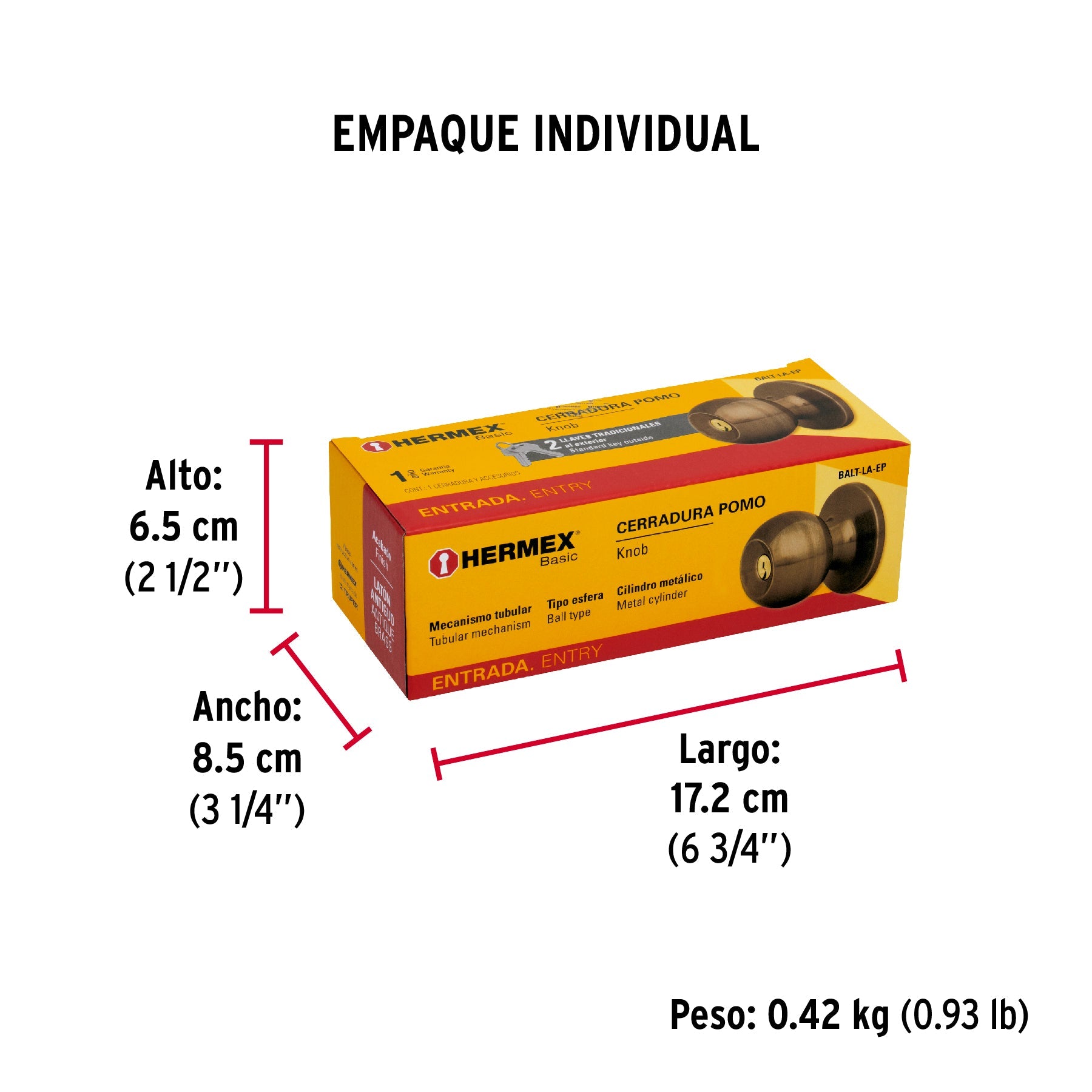 Cerradura tipo esfera, tubular, entrada, antiguo, BASIC - Empaque