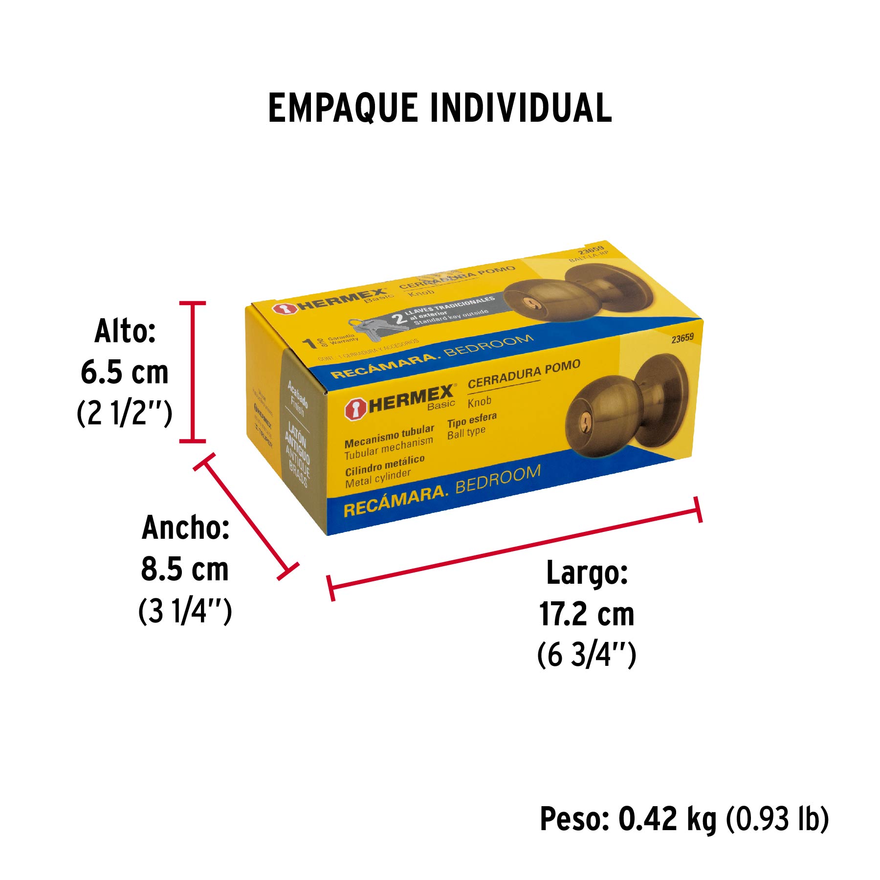 Cerradura tipo esfera, tubular, recámara, antiguo, BASIC - Empaque