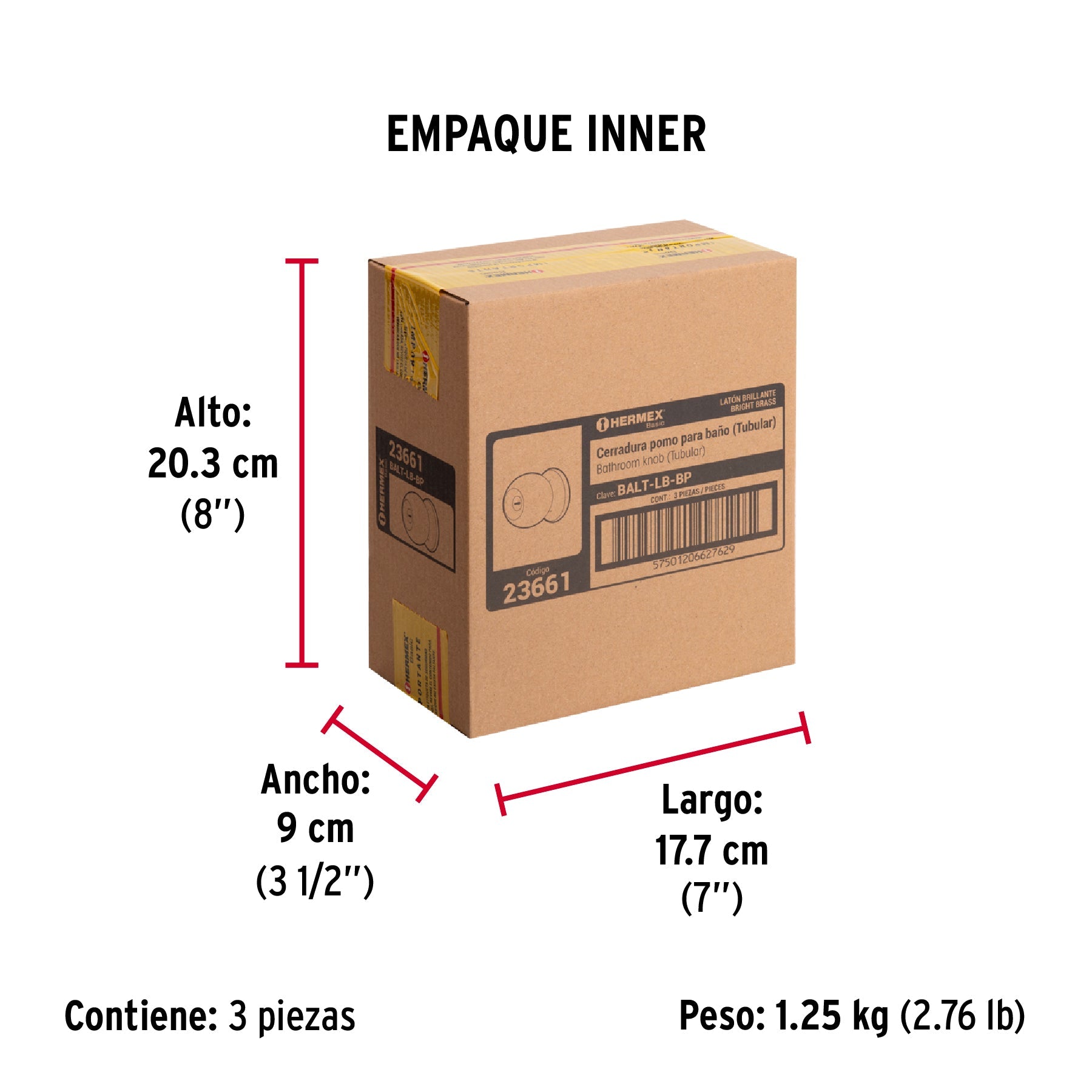 Cerradura tipo esfera, tubular, baño, brillante, BASIC - Empaque