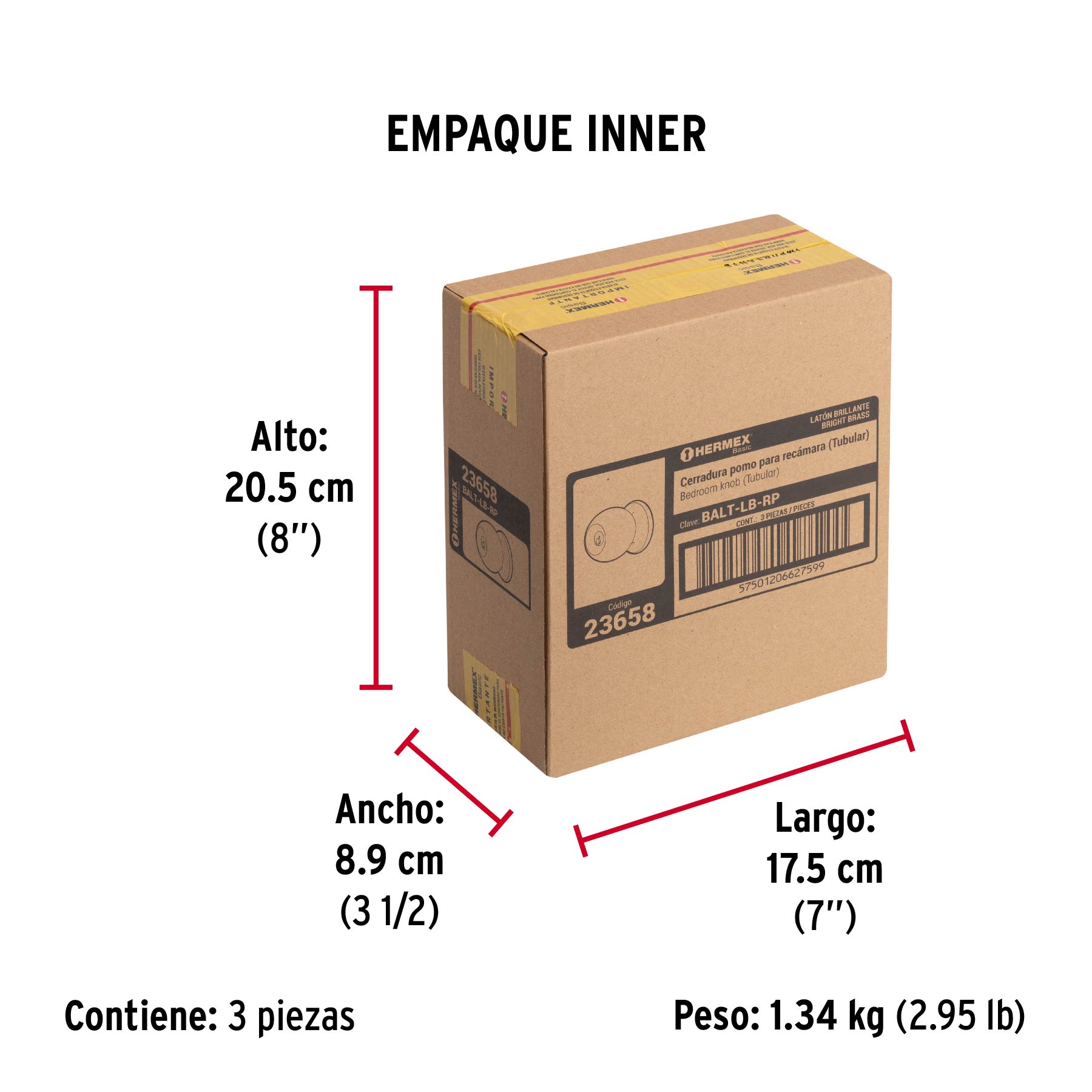 Cerradura tipo esfera, recámara, tubular, brillante, BASIC - Empaque