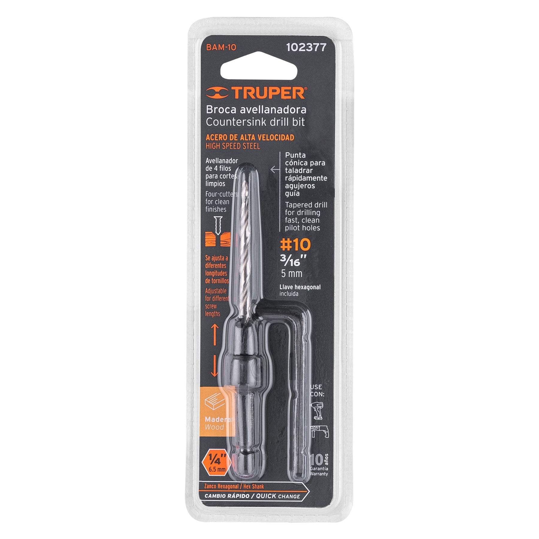 Broca avellanadora 10 para madera, 3/16", TRUPER