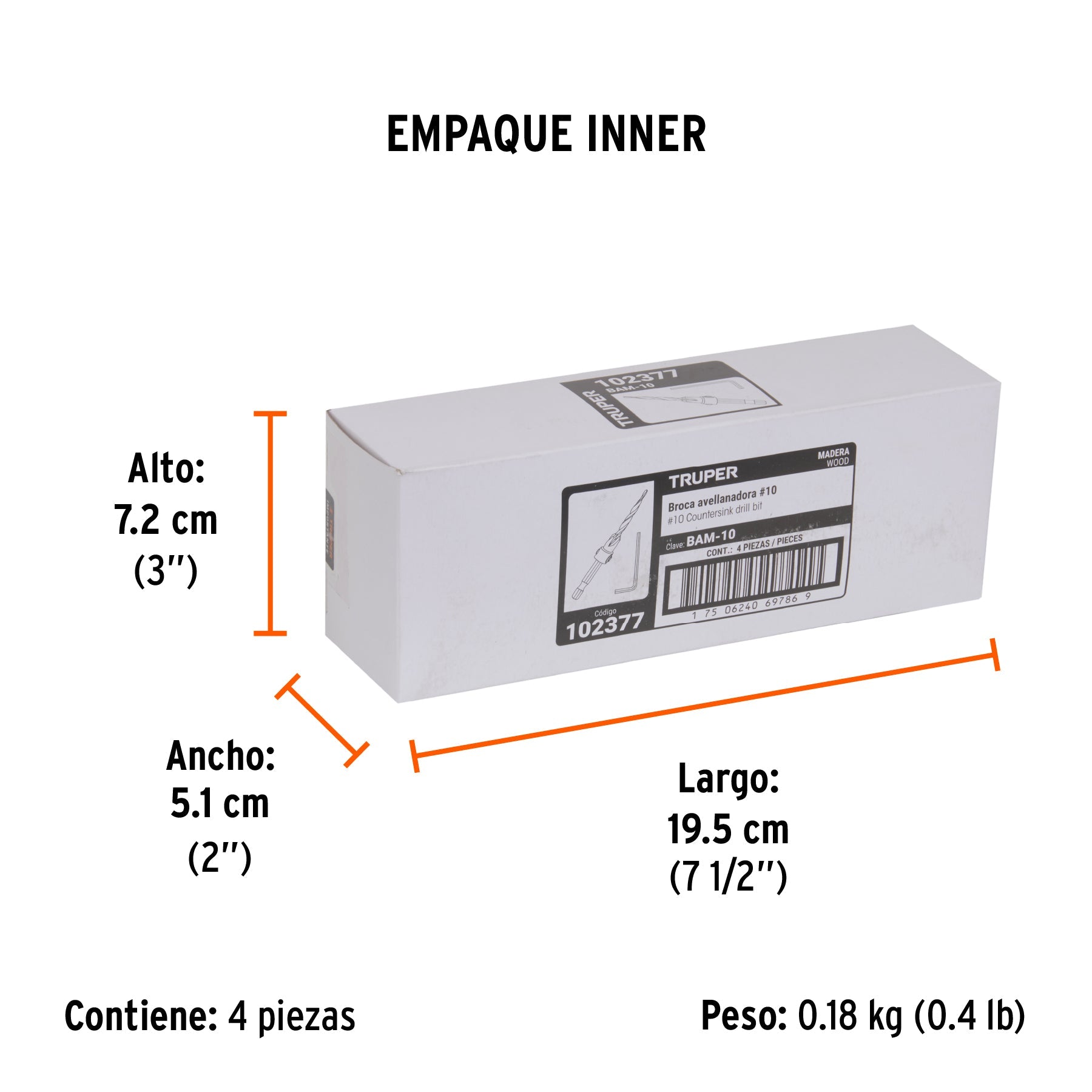Broca avellanadora 10 para madera, 3/16", TRUPER - Empaque