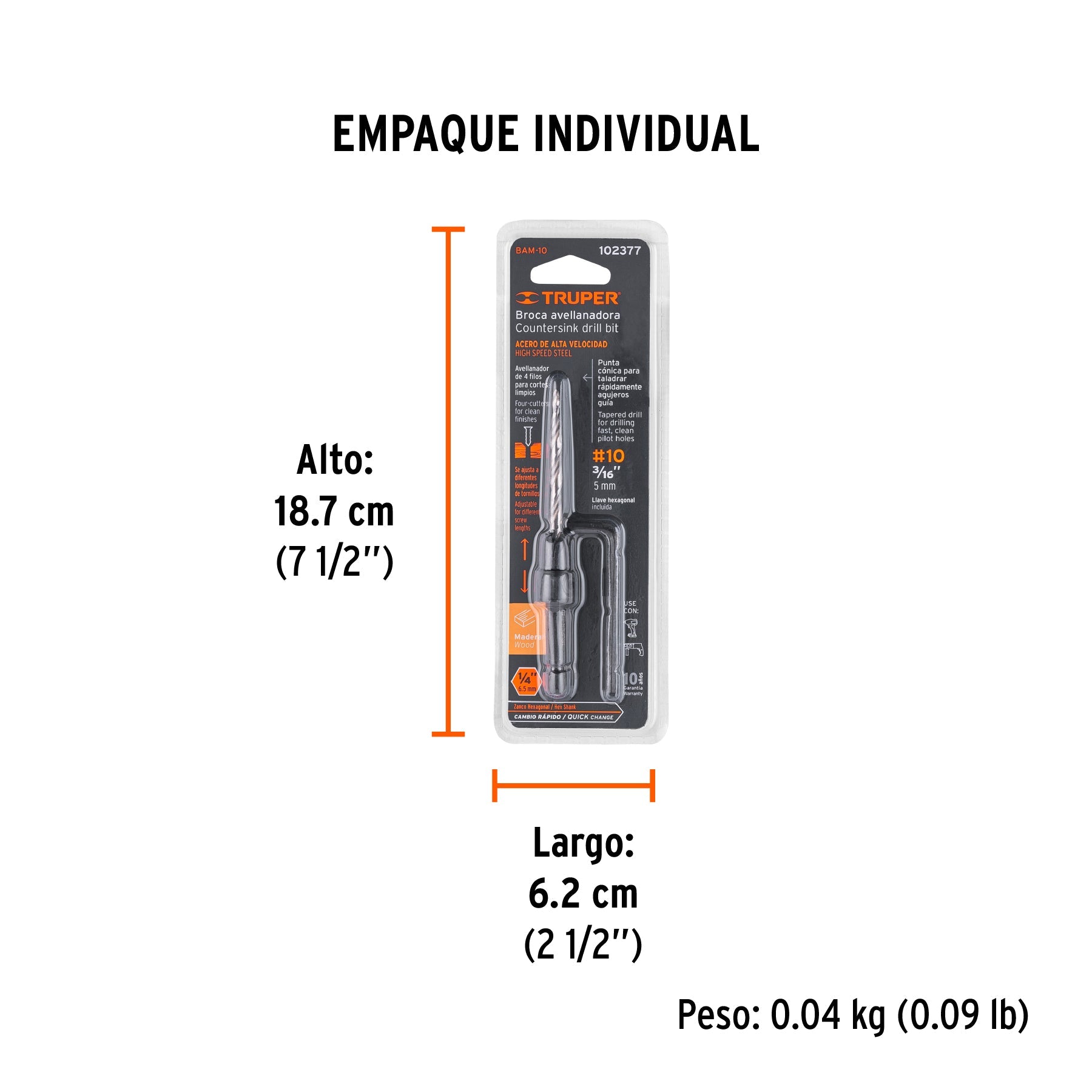 Broca avellanadora 10 para madera, 3/16", TRUPER - Empaque