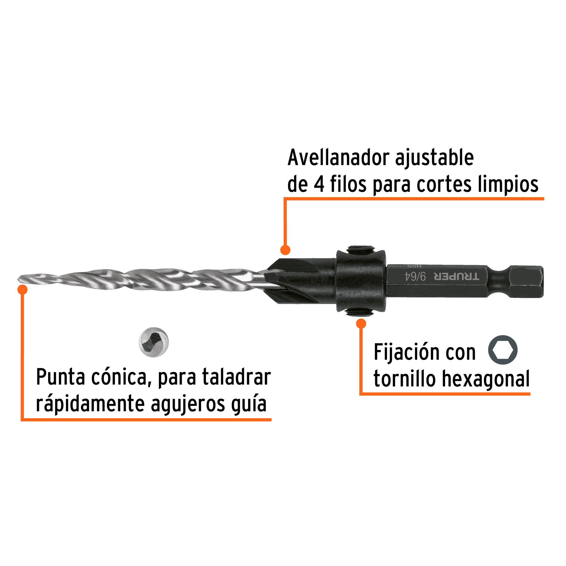 Broca avellanadora 10 para madera, 3/16", TRUPER