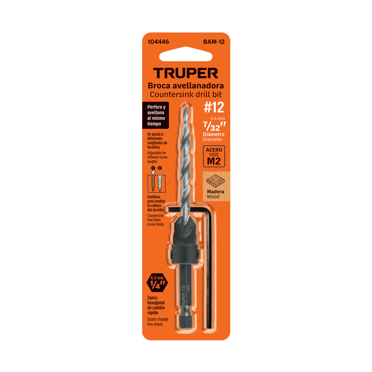 Broca avellanadora 12 para madera, 7/32", TRUPER
