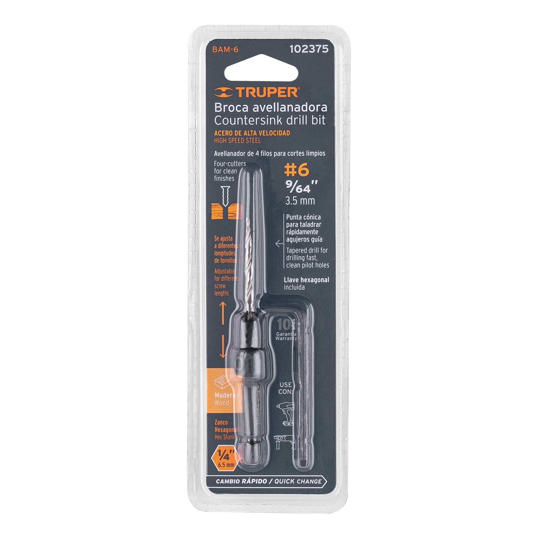 Broca avellanadora 6 para madera, 9/64", TRUPER