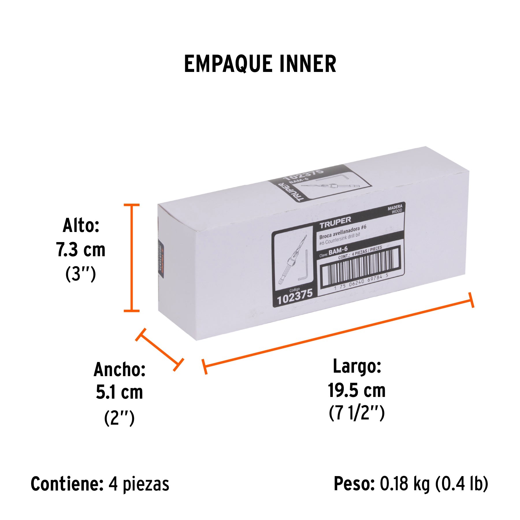Broca avellanadora 6 para madera, 9/64", TRUPER - Empaque