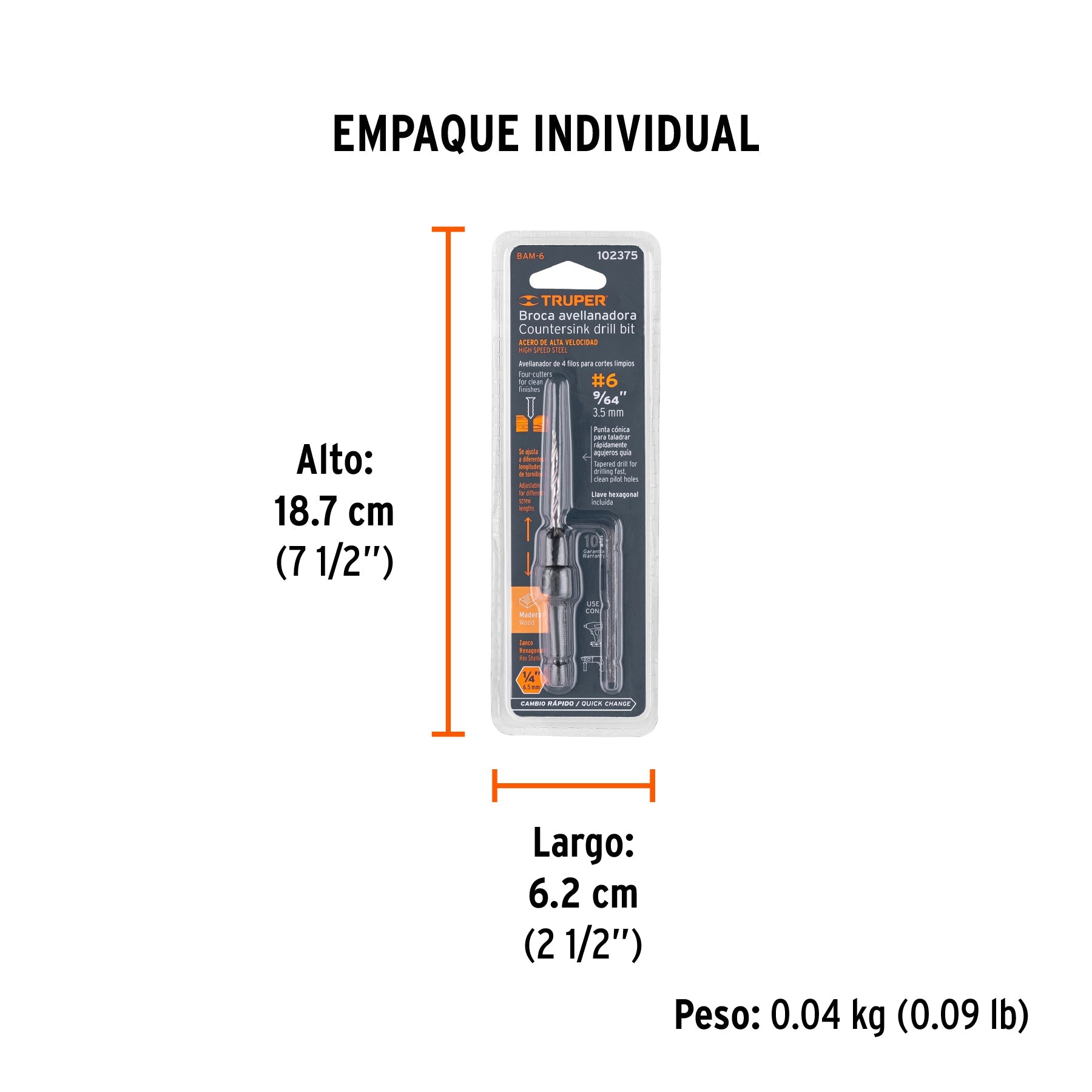 Broca avellanadora 6 para madera, 9/64", TRUPER - Empaque