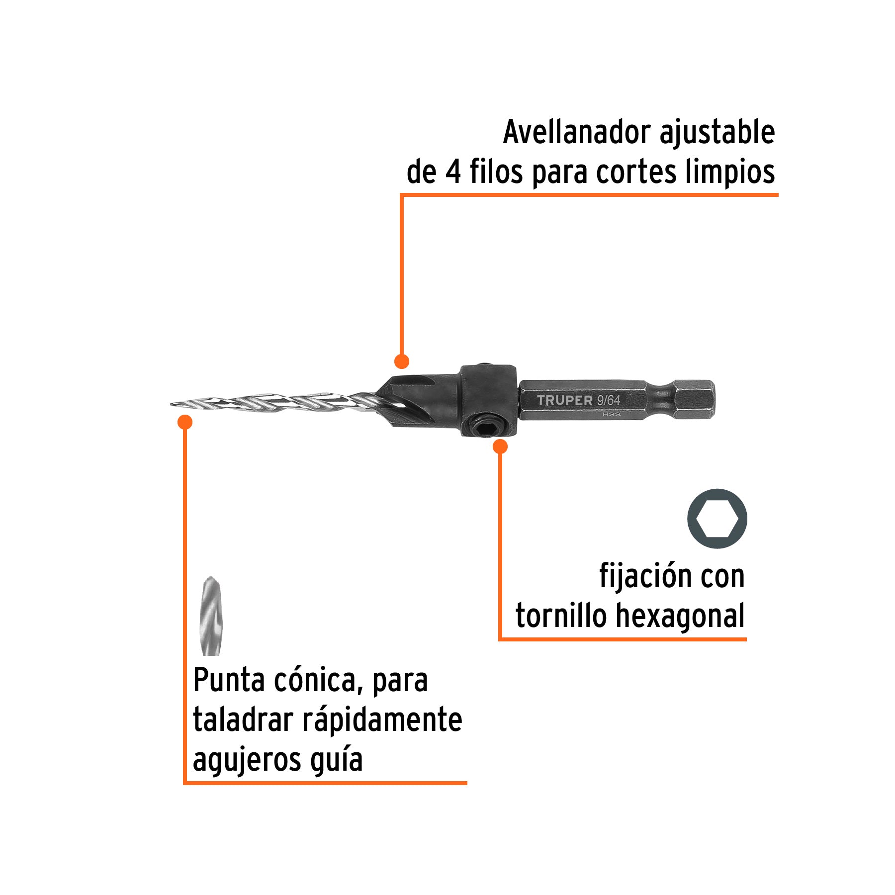 Broca avellanadora 6 para madera, 9/64", TRUPER