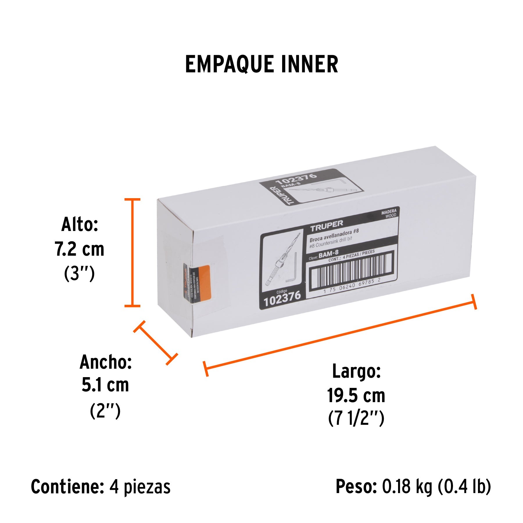 Broca avellanadora 8 para madera, 11/64", TRUPER - Empaque