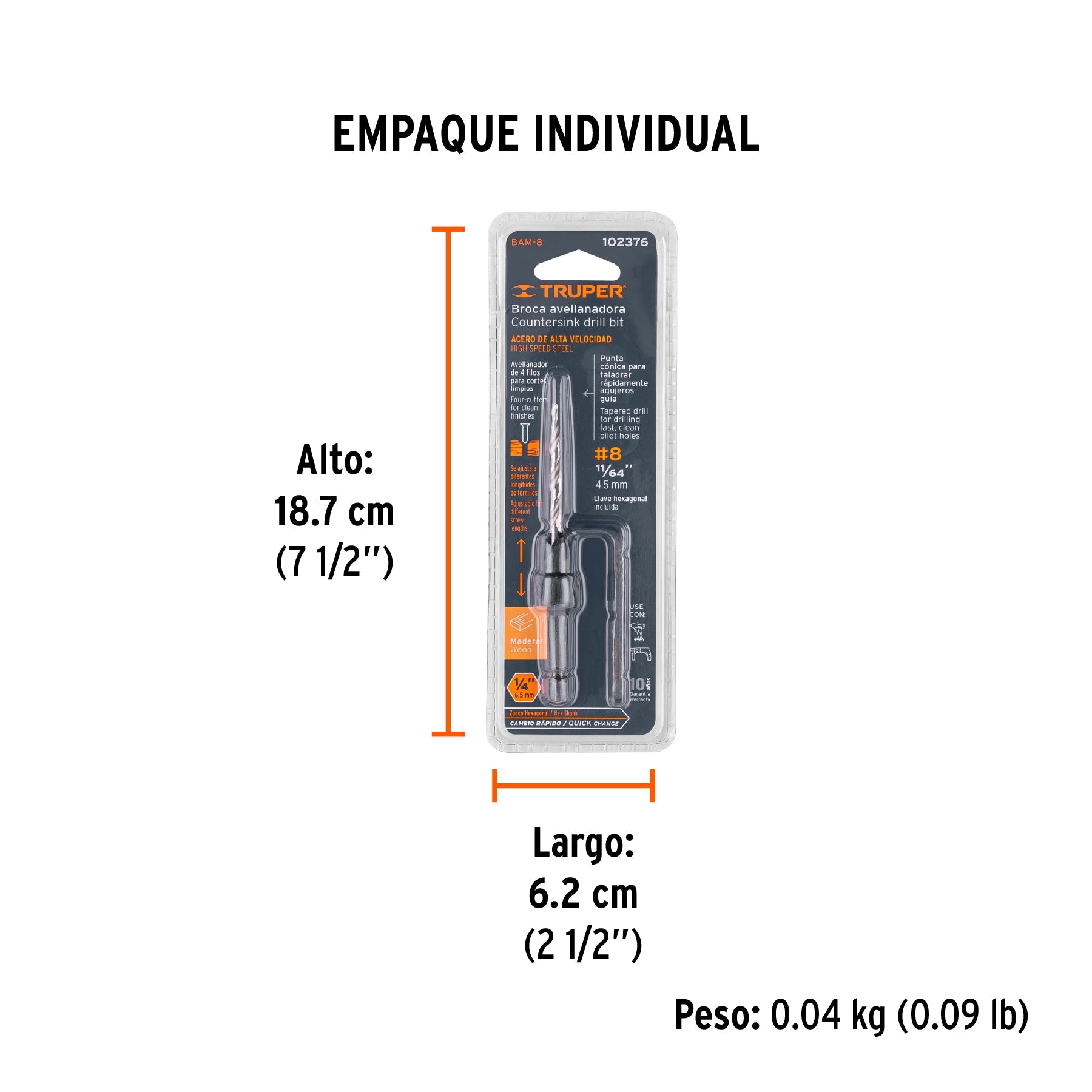 Broca avellanadora 8 para madera, 11/64", TRUPER - Empaque