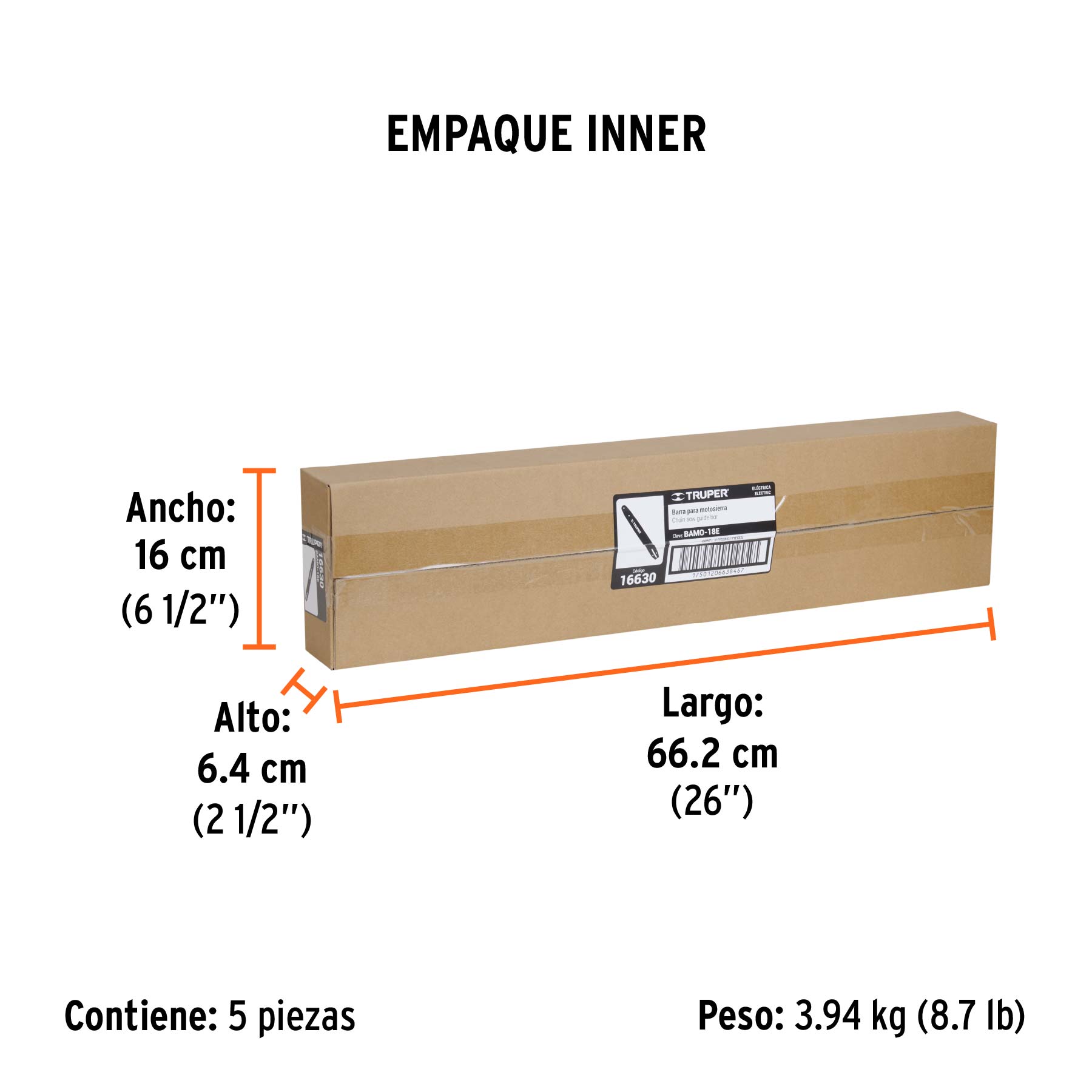 Barra de repuesto 18" p/motosierra eléctrica, TRUPER - Empaque