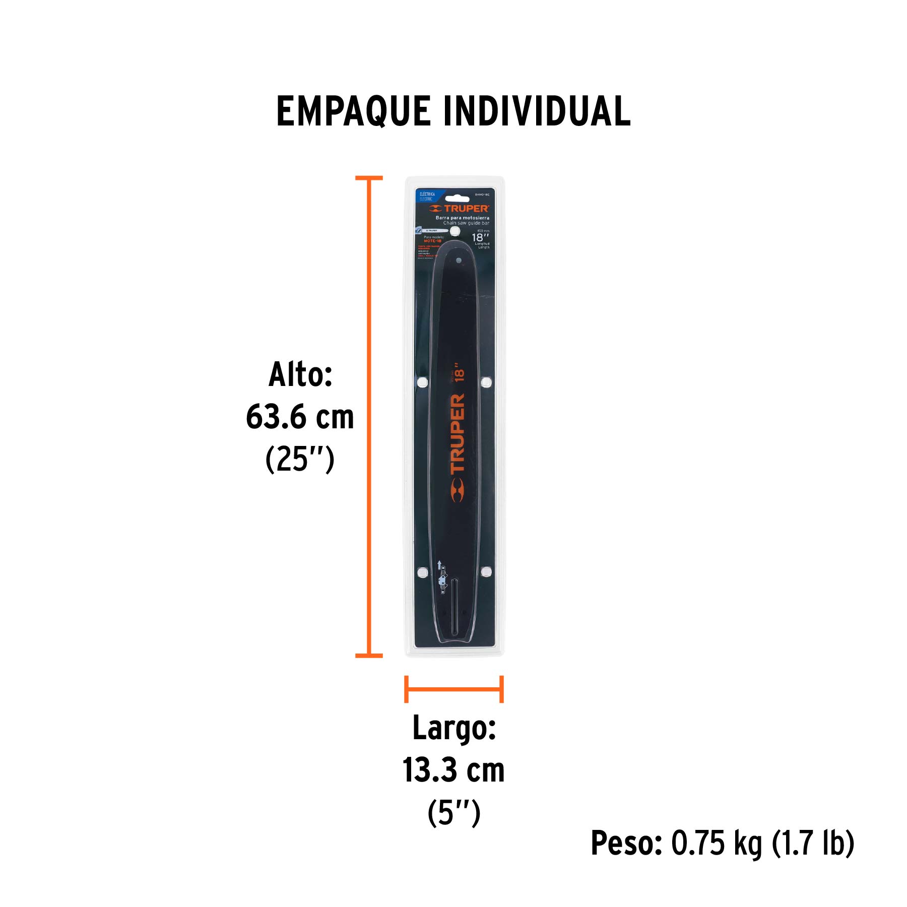 Barra de repuesto 18" p/motosierra eléctrica, TRUPER - Empaque