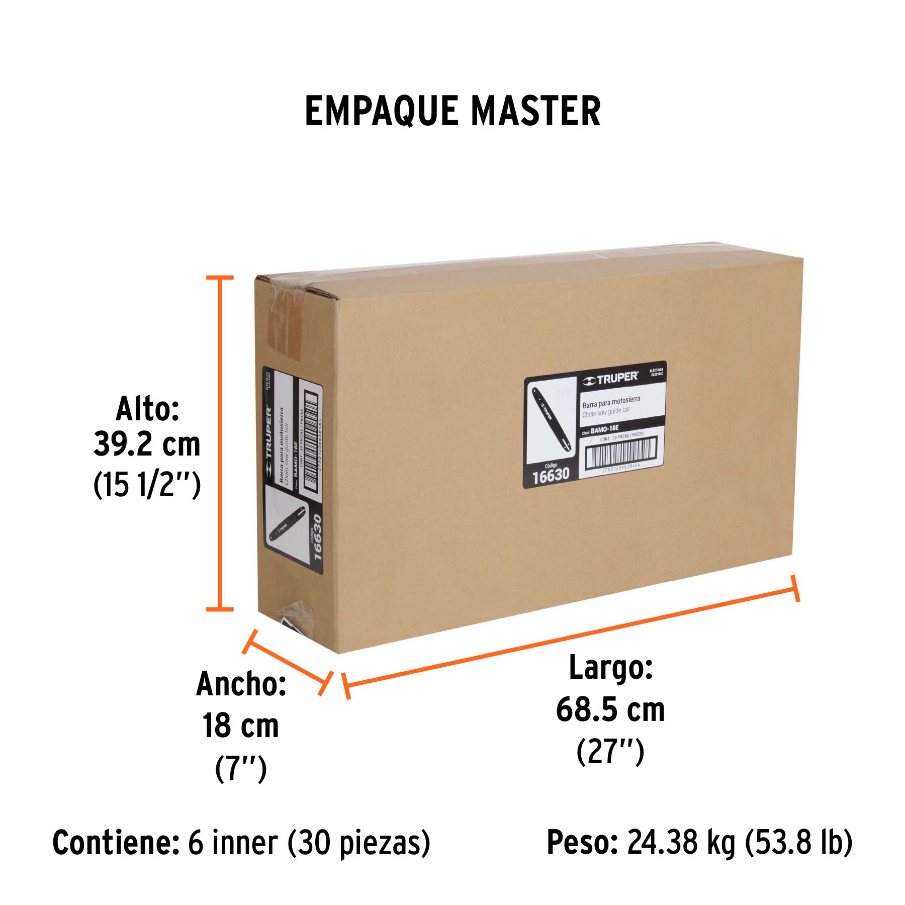 Barra de repuesto 18" p/motosierra eléctrica, TRUPER - Empaque
