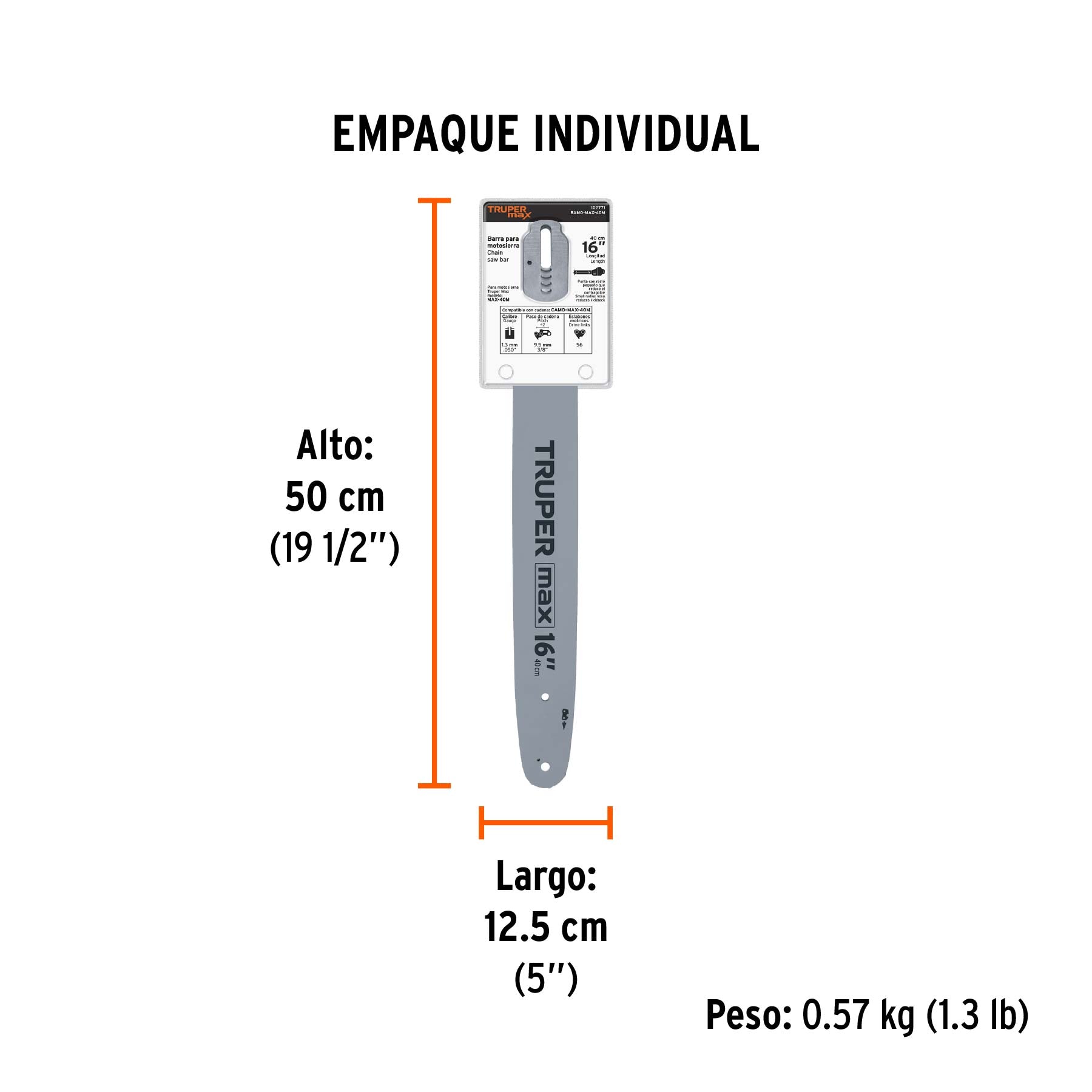Barra de repuesto 16" p/motosierra MAX-40M, TRUPER MAX - Empaque