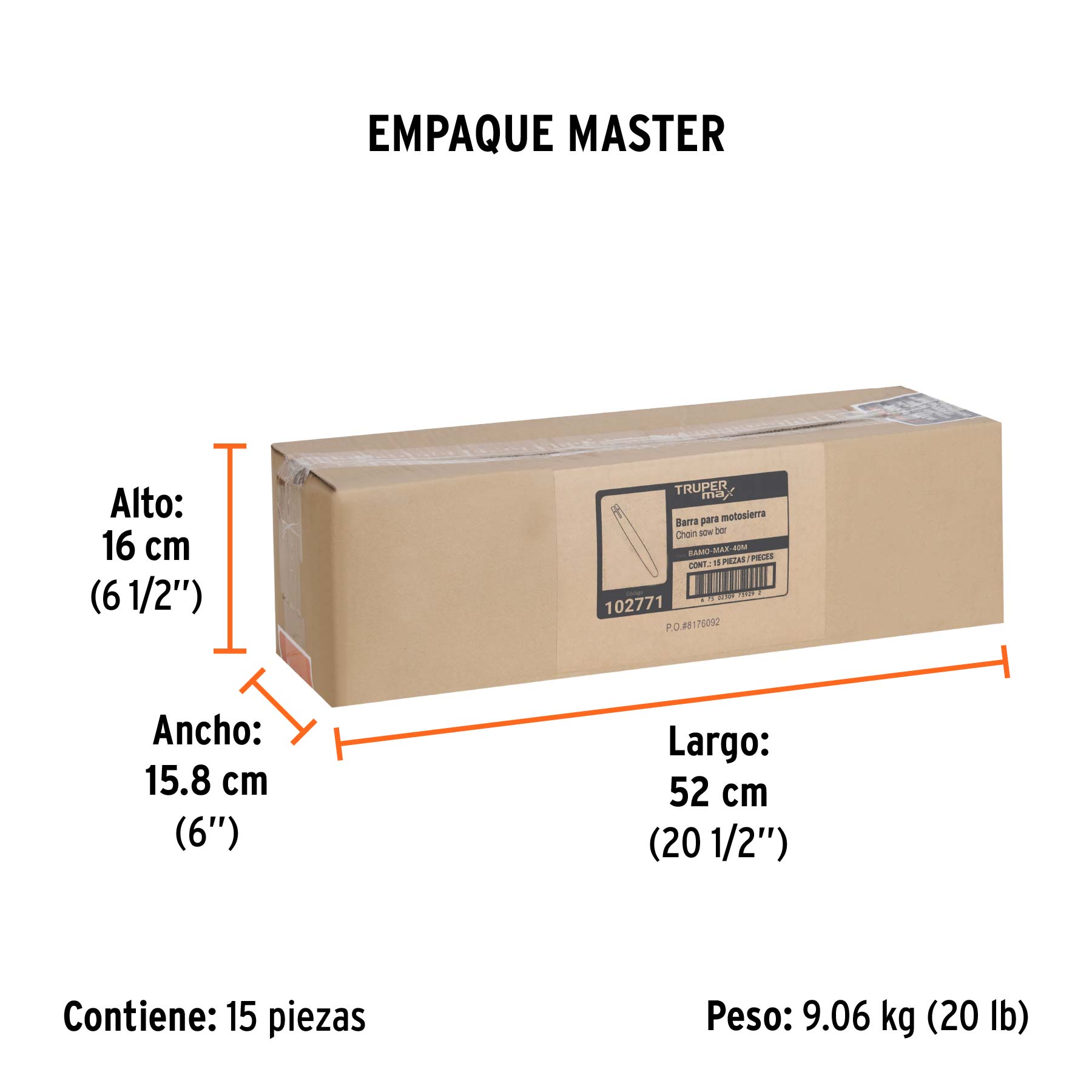 Barra de repuesto 16" p/motosierra MAX-40M, TRUPER MAX - Empaque
