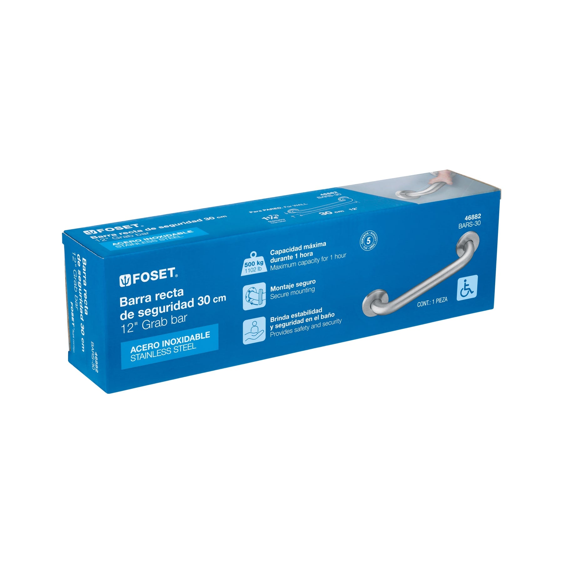 Barra recta de seguridad, acero inoxidable, 30cm, FOSET