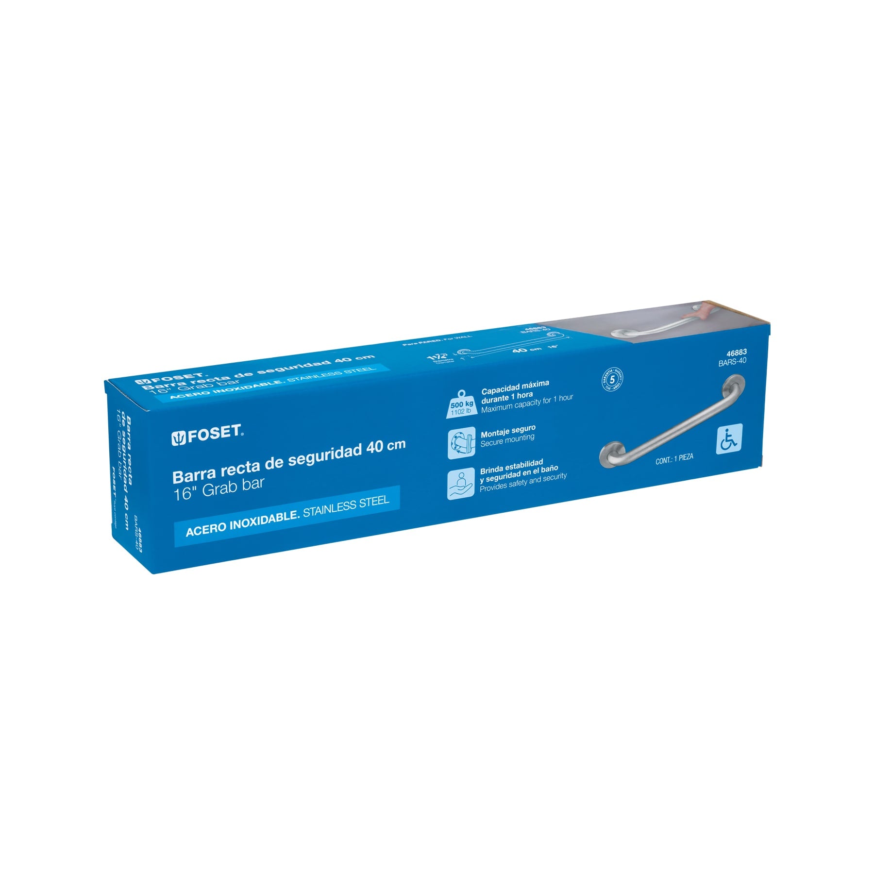 Barra recta de seguridad, acero inoxidable, 40cm, FOSET