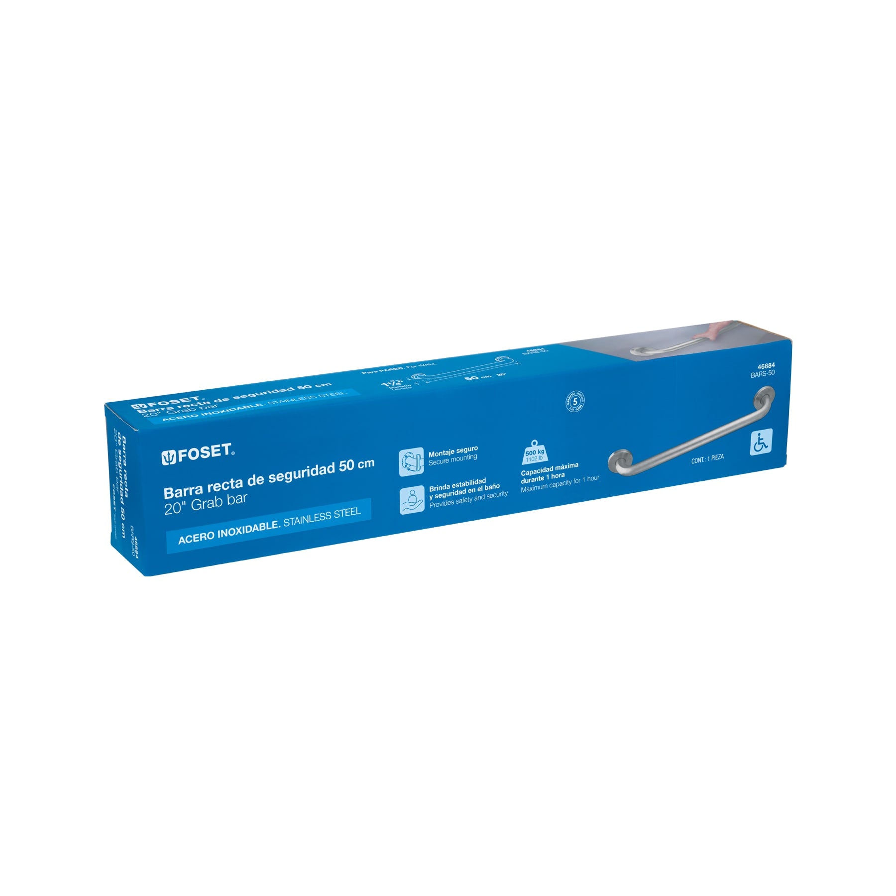 Barra recta de seguridad, acero inoxidable, 50cm, FOSET