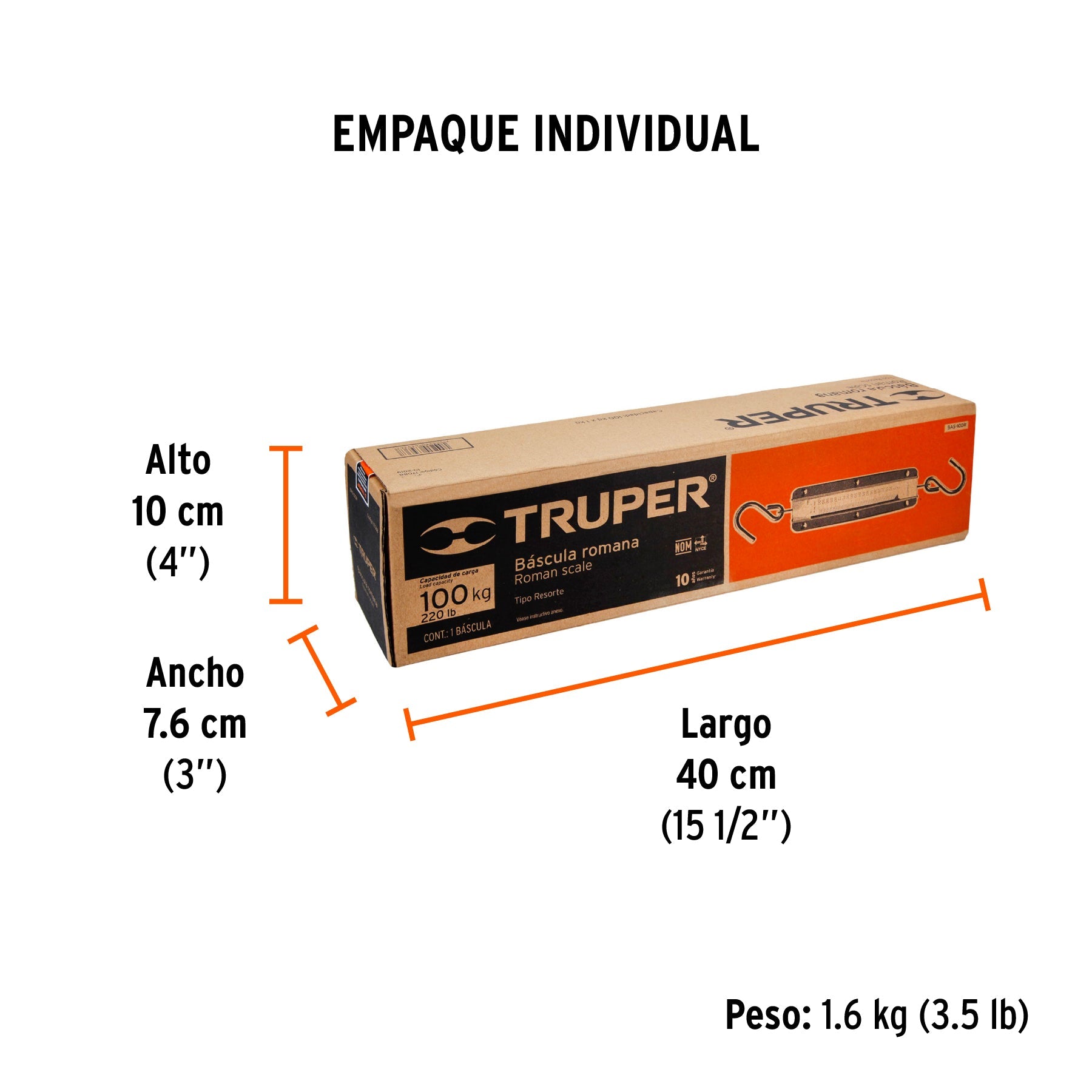 Báscula capacidad 100 kg romana de resorte, TRUPER - Empaque