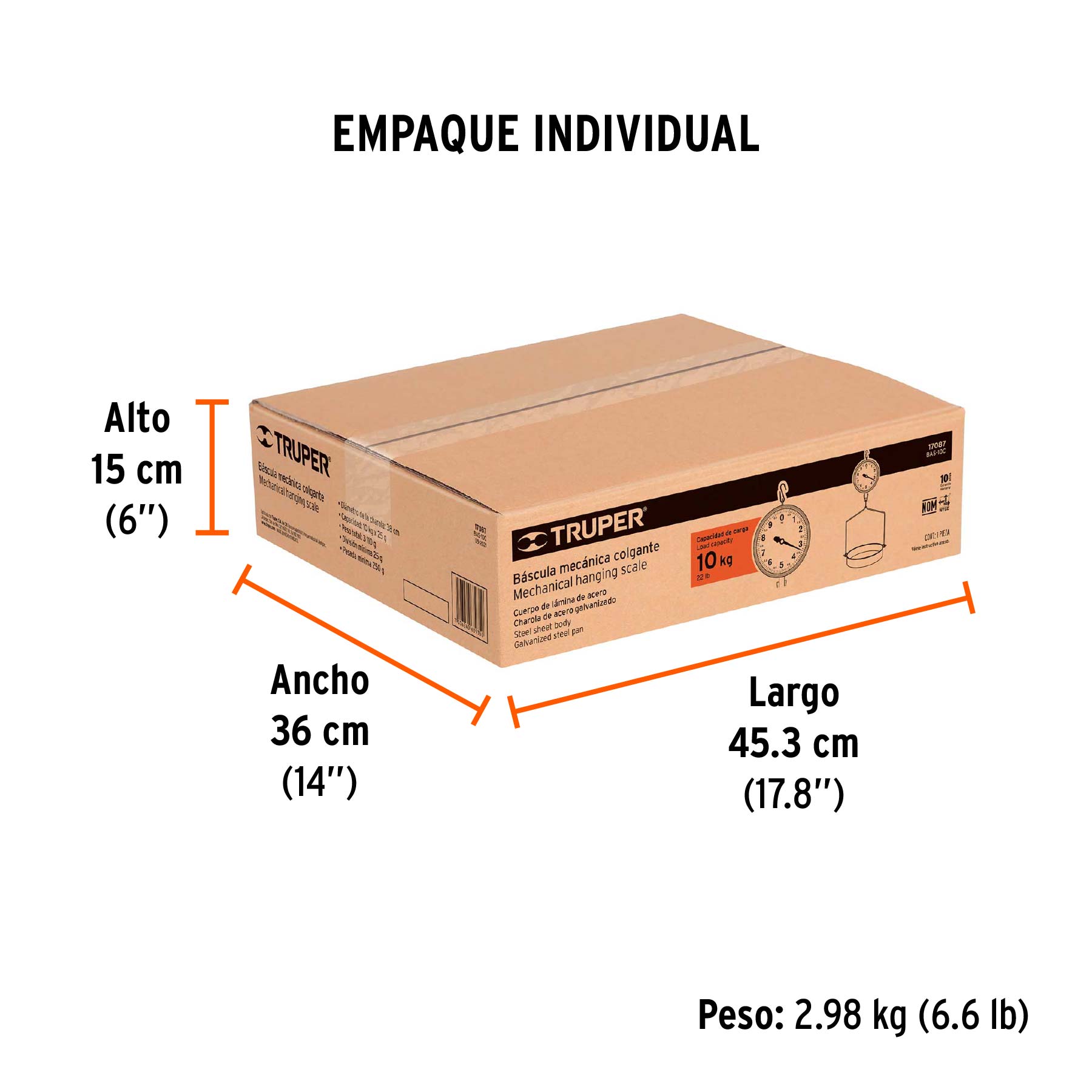 Báscula capacidad 10 kg mecánica colgante, TRUPER - Empaque