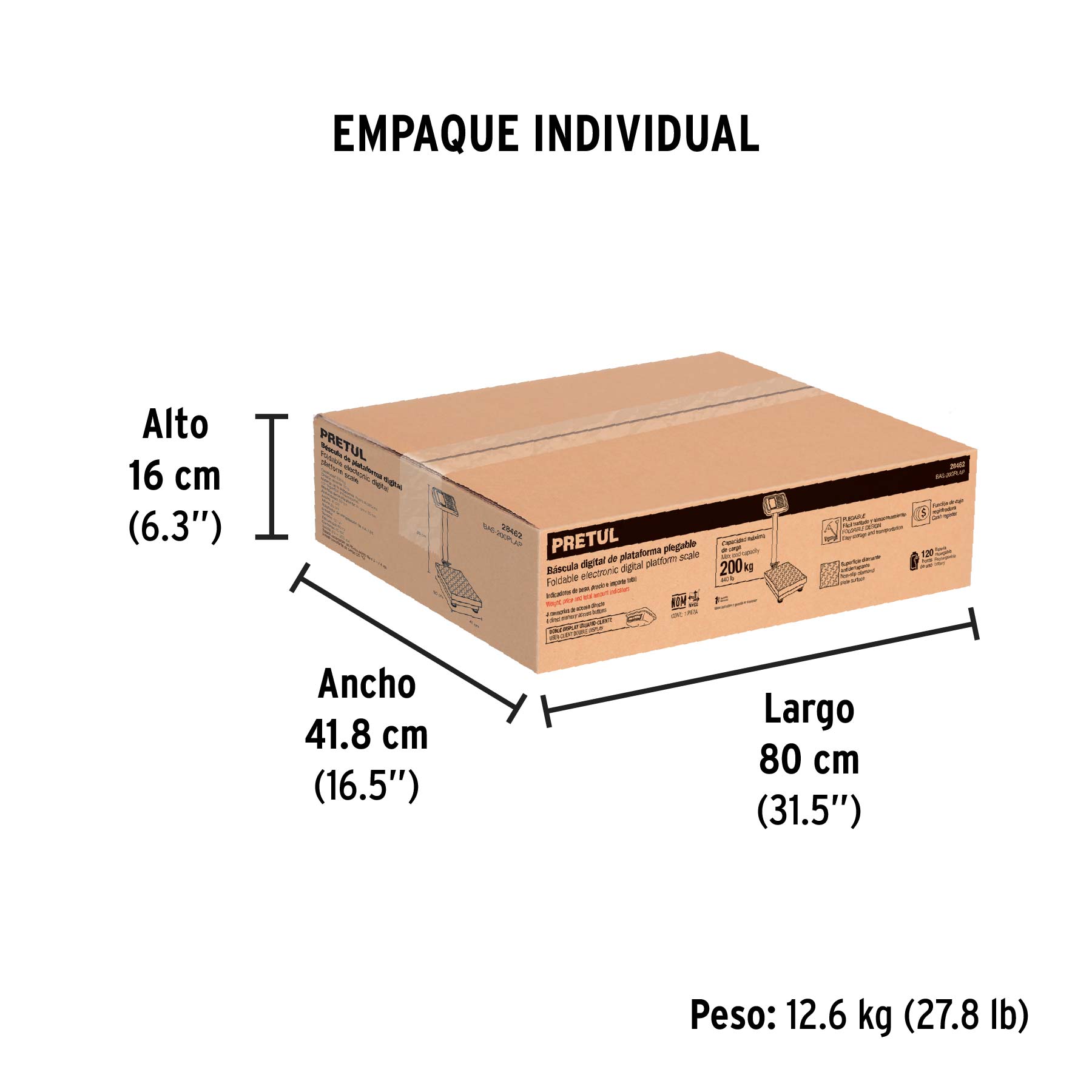 Báscula electrónica de plataforma, plegable, 200 kg. PRETUL - Empaque