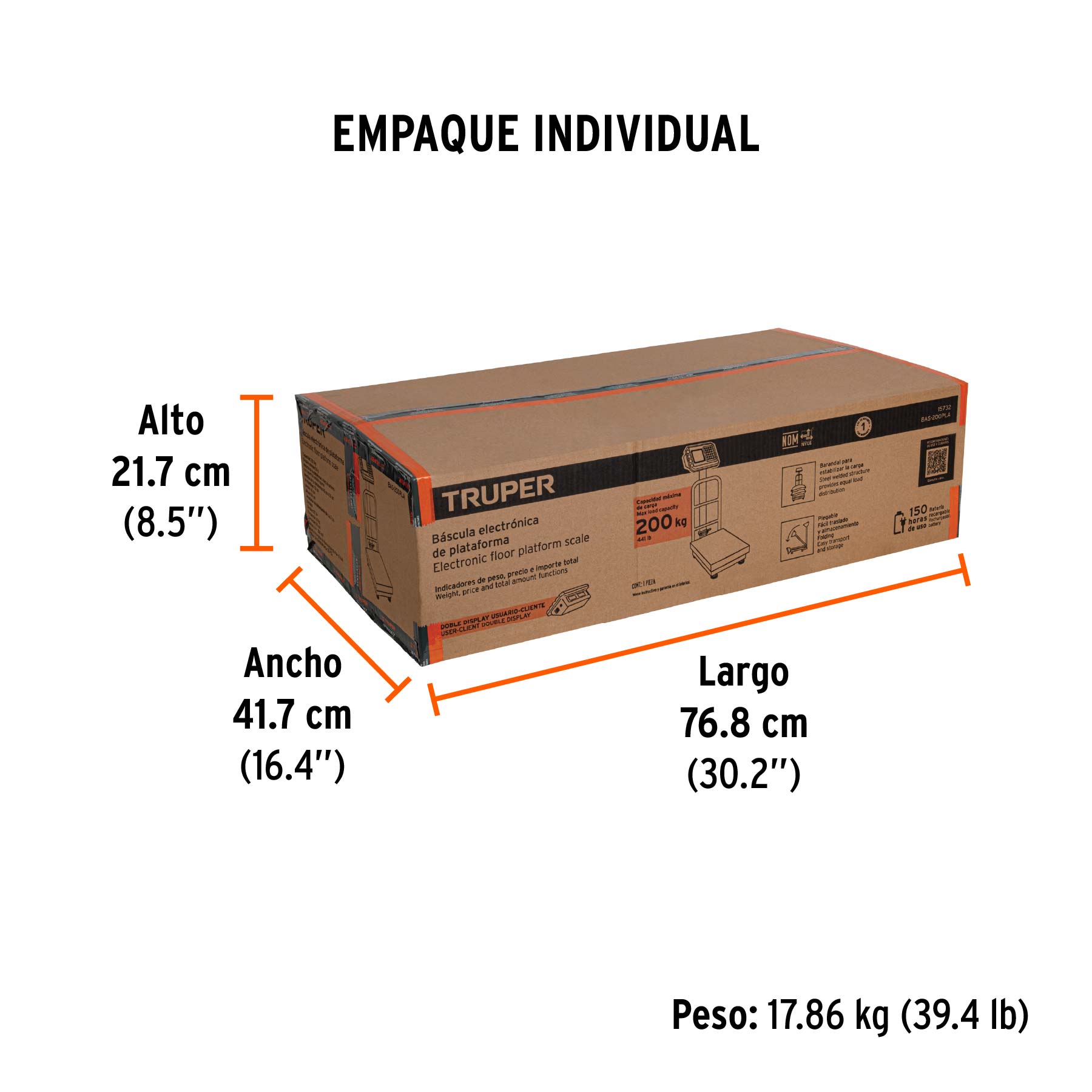 Báscula electrónica de plataforma, plegable, 200 kg, TRUPER - Empaque