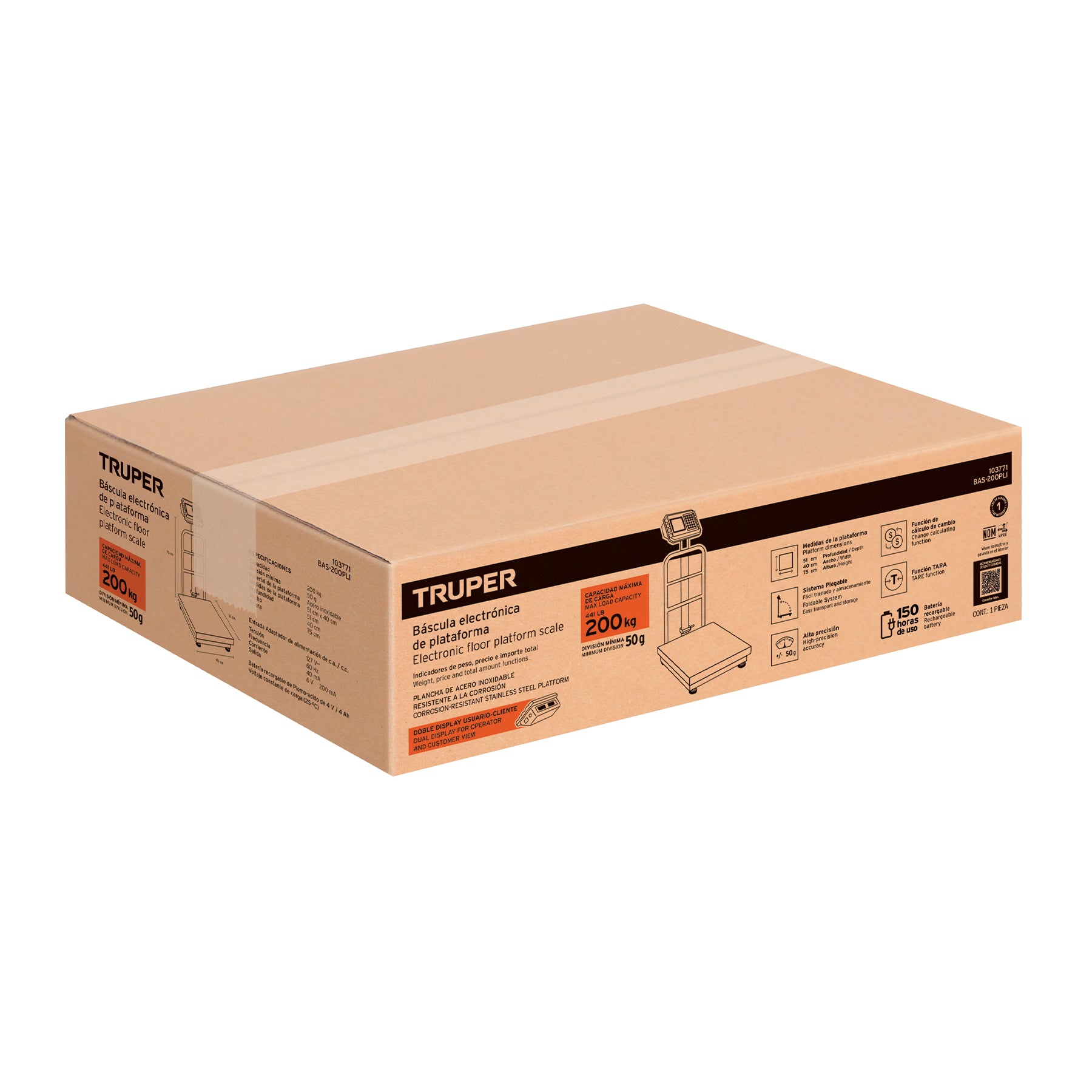 Báscula electrónica de plataforma, 200 kg, inoxidable TRUPER