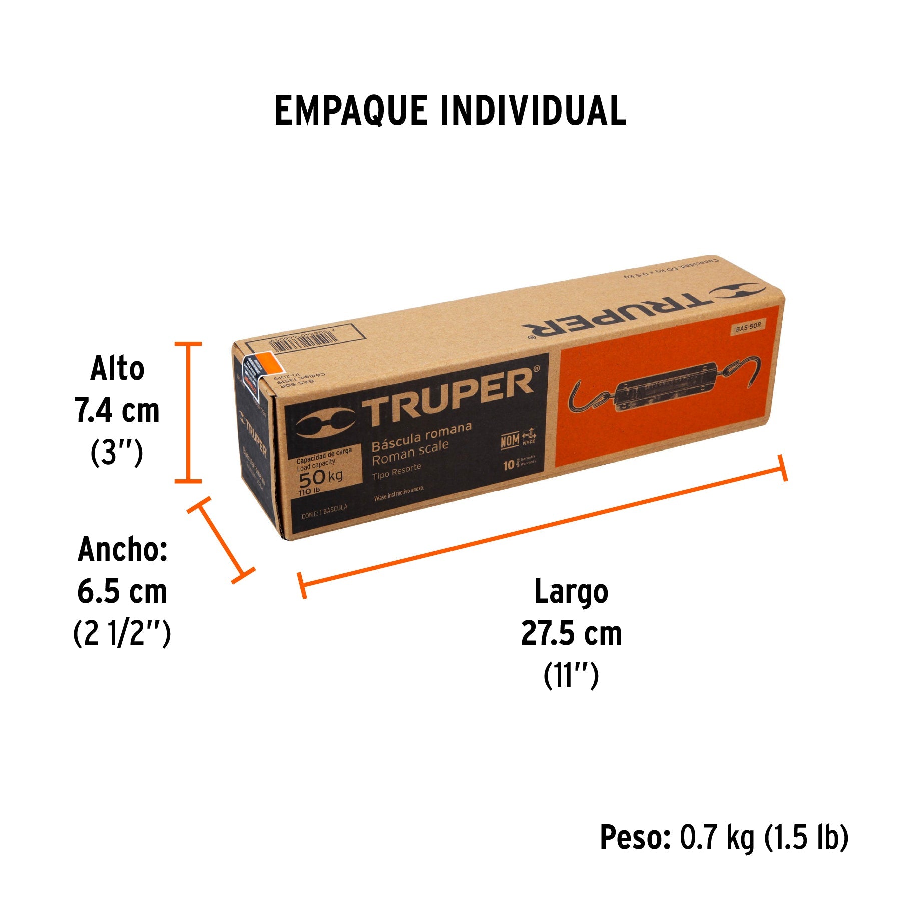 Báscula capacidad 50 kg romana de resorte, TRUPER - Empaque