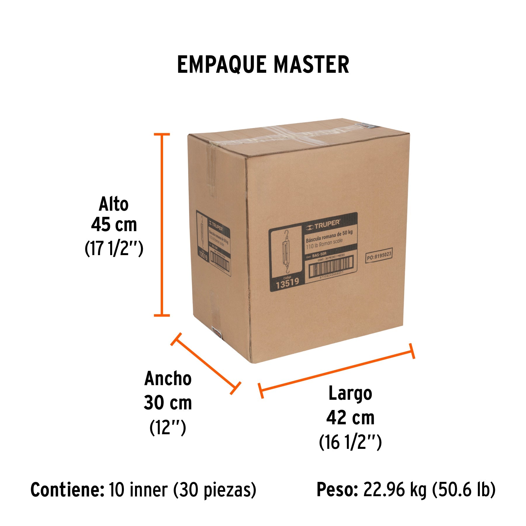 Báscula capacidad 50 kg romana de resorte, TRUPER - Empaque